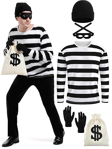 5 Pieces Halloween Costume Set, Men's Robber Costume Halloween Cosplay