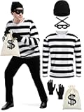 5 Pieces Halloween Costume Set, Men's Robber Costume Halloween Cosplay Burglar Accessories Striped Shirt for Adult