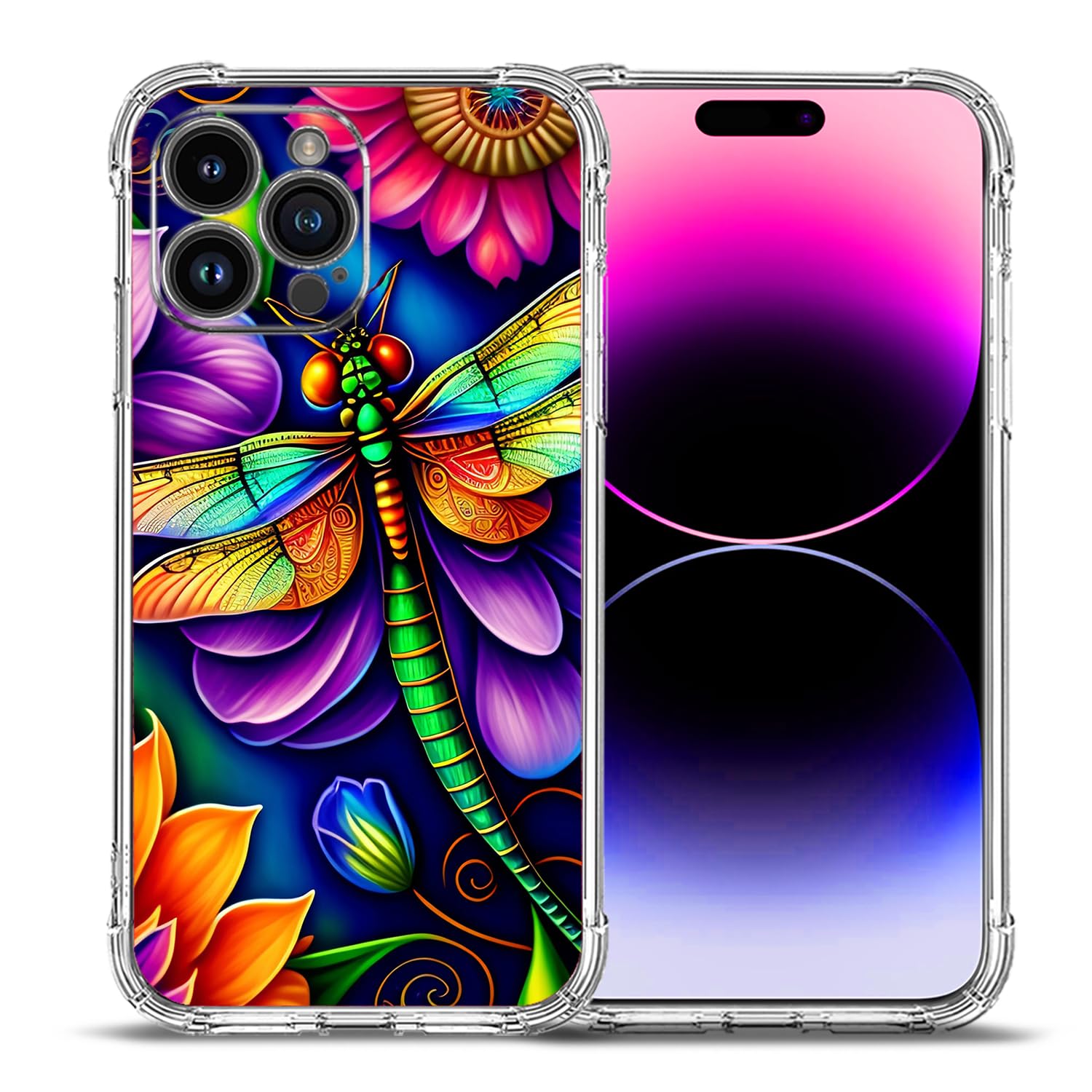 Beaucov Case for iPhone 15 Pro Max,Colorful Dragonfly Flowers Drop Protection Shockproof Case TPU Full Body Protective Scratch-Resistant Cover for