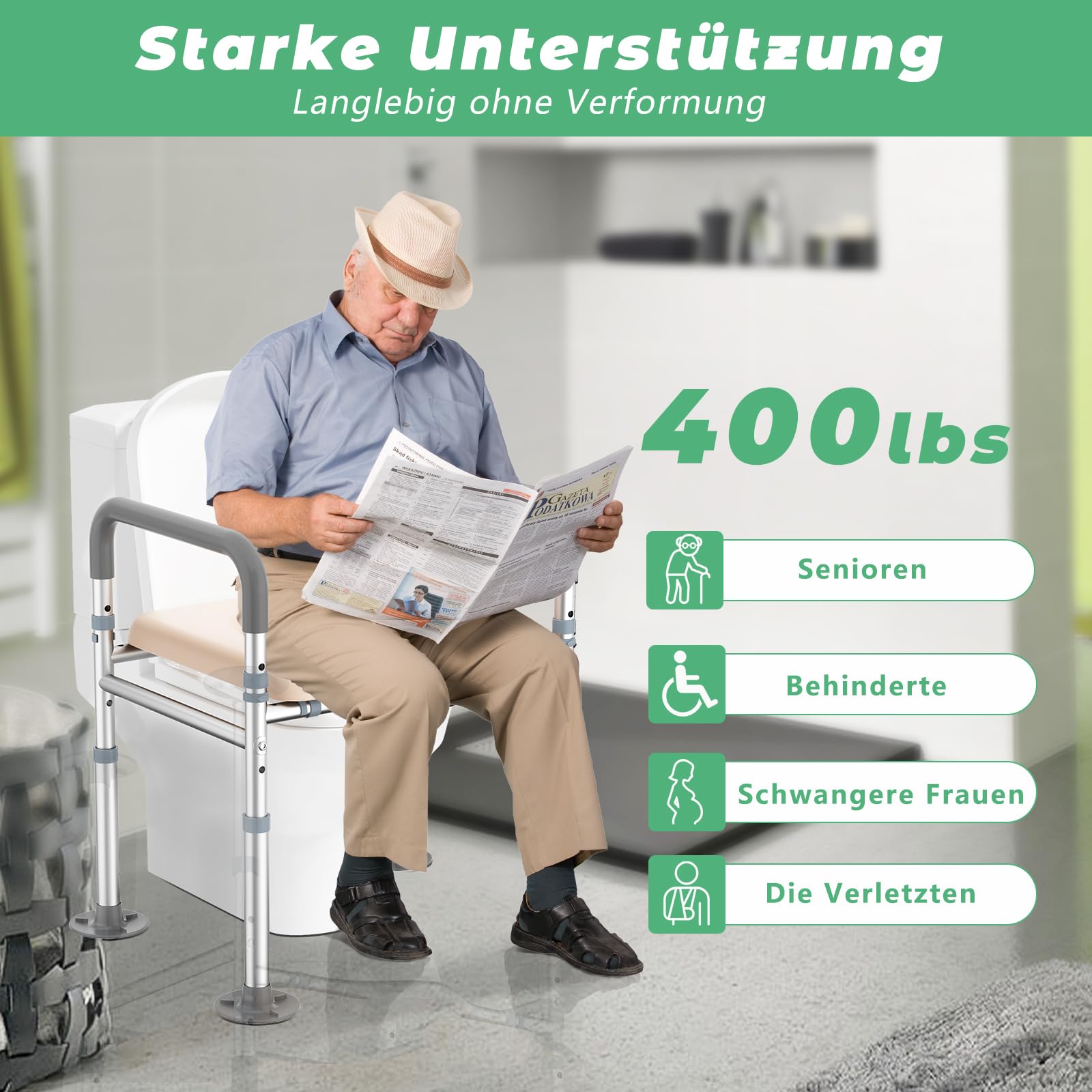Toilettensitzerhöhung mit Armlehnen, Einstellbare Höhe & Breite WC Sitzerhöhung Aufstehhilfe Toilette, Toilettengestell Toilettenaufsatz für Senioren Behinderte Schwangere Erwachsene