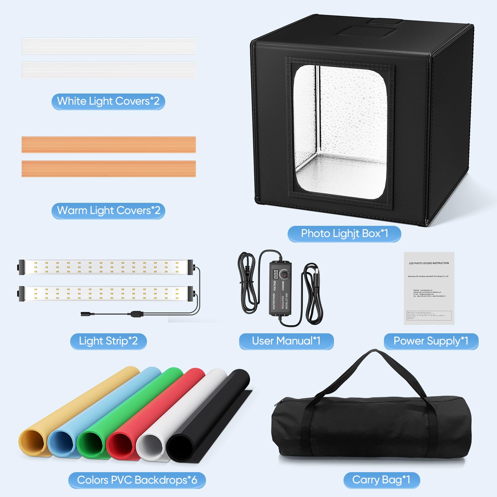 Scatola Luminosa per Studio Fotografico, Studio Fotografico Portatile Light Box con 2 Rimovibile Dimmerabile Strisce LED, 6 Colori Sfondi per Tutti i Tipi di Fotografia di Prodotto,60x60x60cm