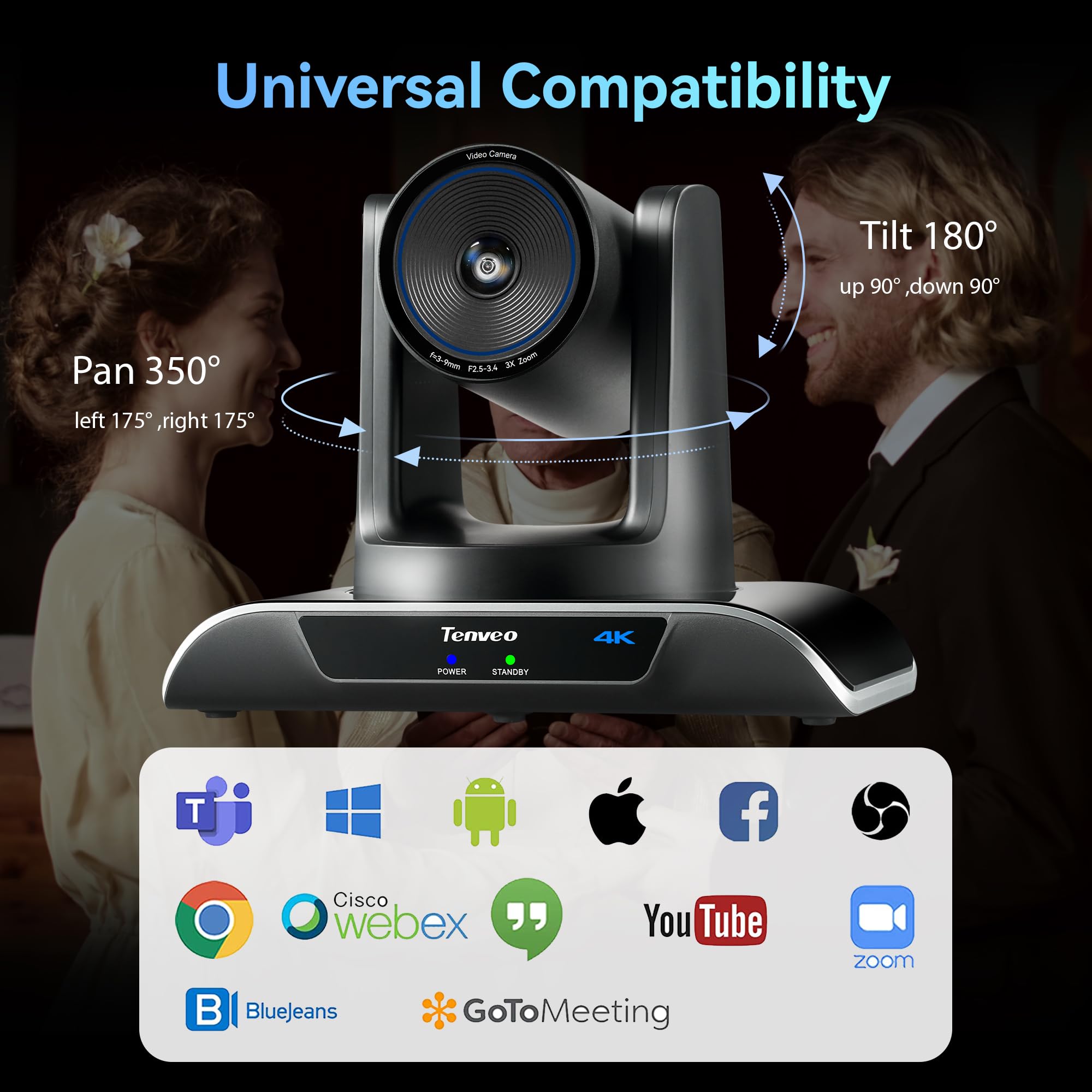 Tenveo Système de Caméra de Conférence 4K PTZ avec Haut-Parleur Bluetooth, 3X Zoom Optique AI Tracking, USB3.0/HDMI, 93° Grand Angle pour Vidéoconférence Réunions Église Éducation Zoom/Teams/OBS