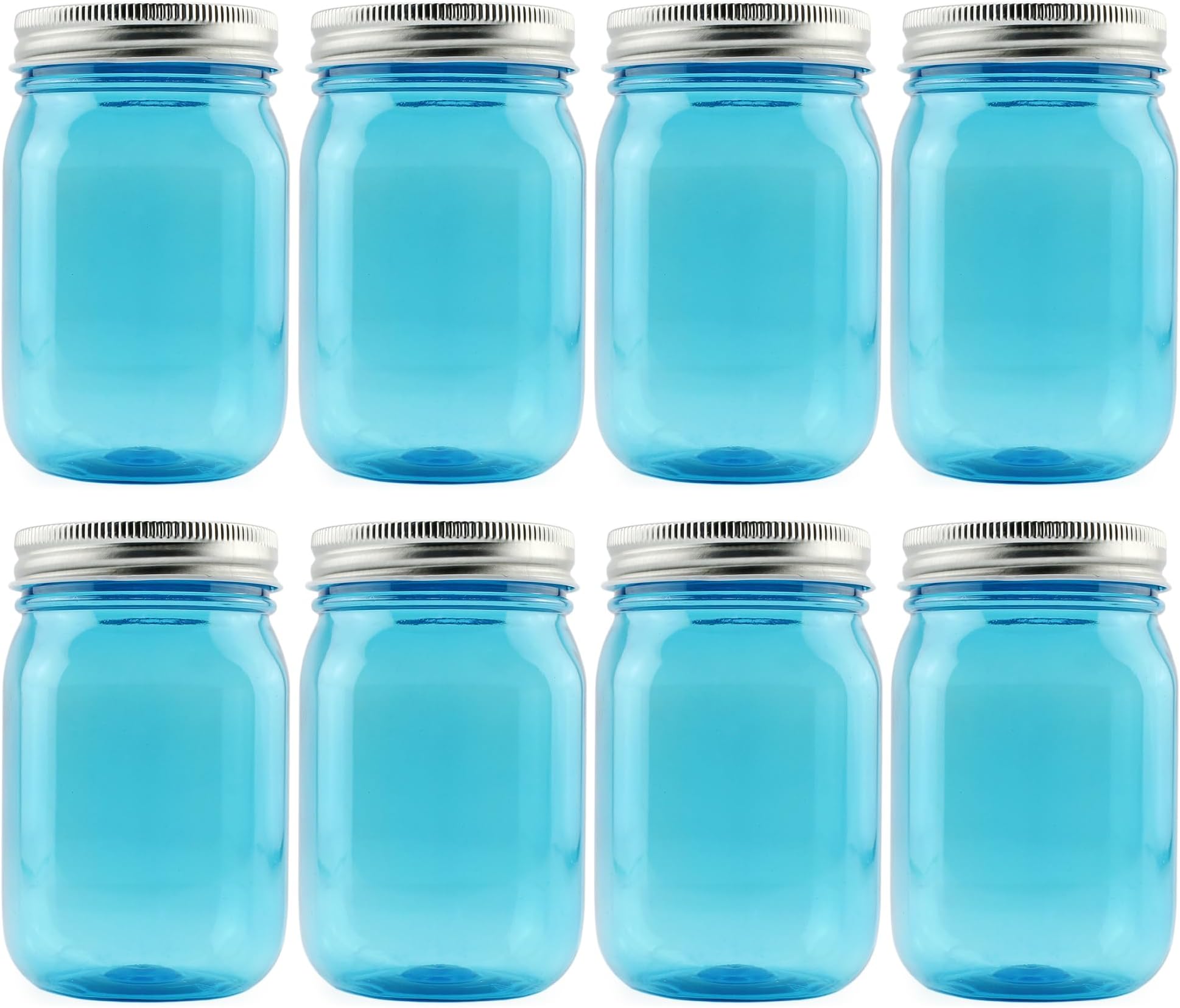 Cornucopia Brands 16oz PLASTIC Mason Jars (8-Pack, Blue w/Silver Metal Lids); PET BPA-Free Mason Jars w/One Piece Lids, 2-Cup/Pint Capacity