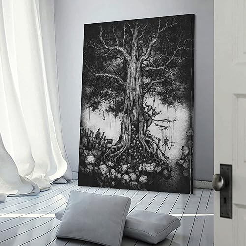 Miniatura 3 de Póster de árbol de la muerte oscuro en blanco y negro, diseño gótico de calavera aterradora, decoración de pared en lienzo, decoración del hogar,