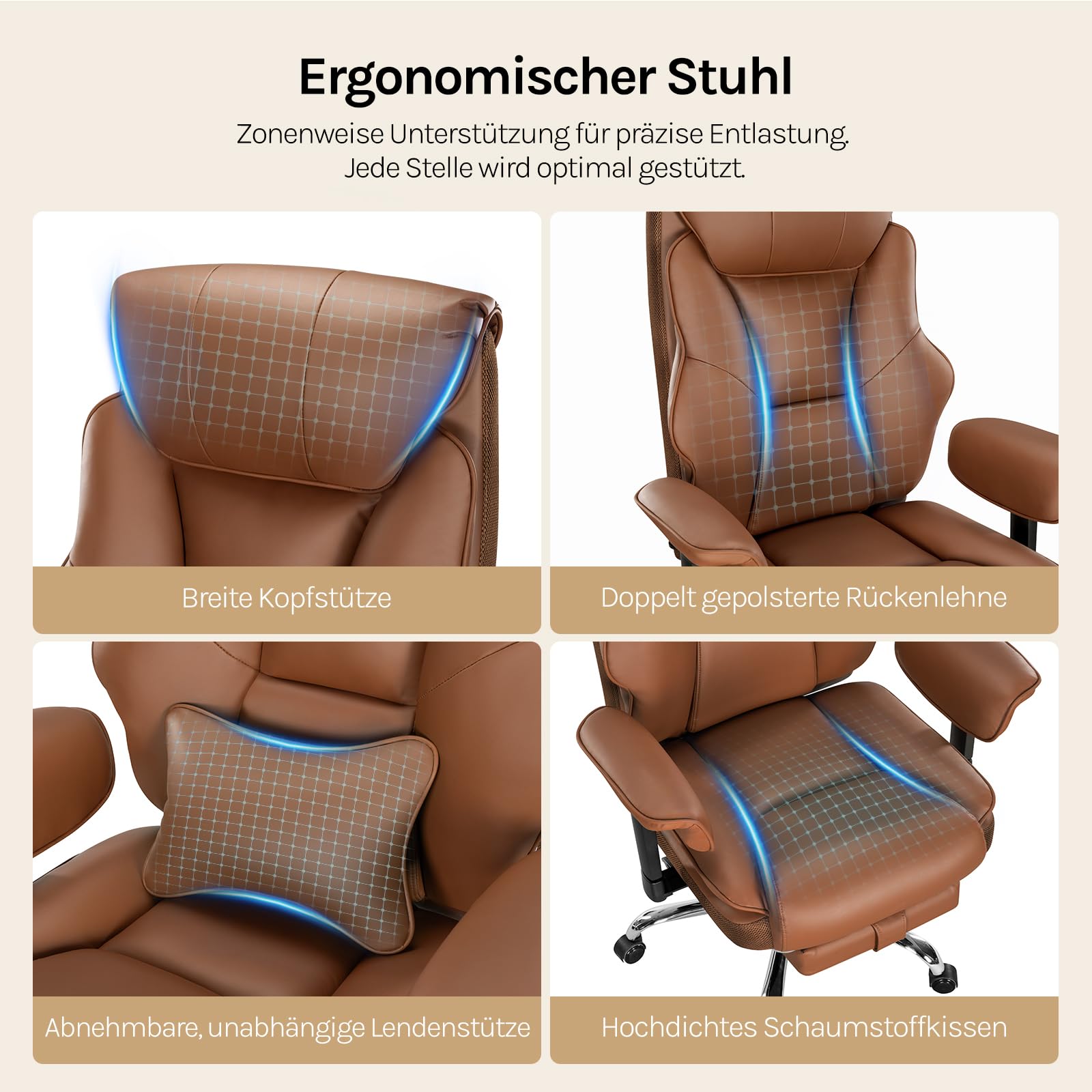 WOLTU Bürostuhl Ergonomisch,Chefsessel Doppellagige Rückenlehne, PU Braun | 3-stufige Rückenlehnenverstellung, mit Lendenwirbelstütze, Fußstütze, für Büro, Besprechungsraum