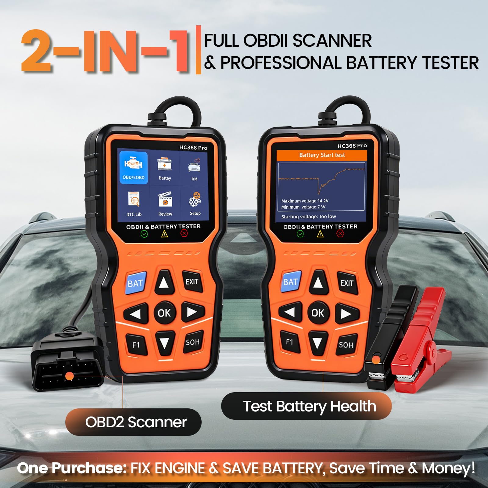 OBD2 Diagnosegerät & Batterietester 2 in 1,OBD EOBD+CAN Scanner Auslesegerät mit vollständigen OBD2 Funktionen,12V Autobatterie Tester mit Batterie- Anlasser- und Ladetest für alle Fahrzeuge