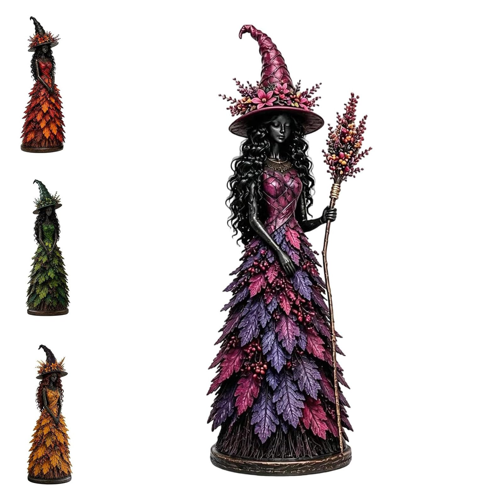Fokayo Enchanted Autumn Witch Figurine, Fall Witch Decor Halloween Tabletop Statue with Leaf Gown, Rustic Harvest Table Decor, Gothic Harvest Home Halloween Decor Gift (#C)