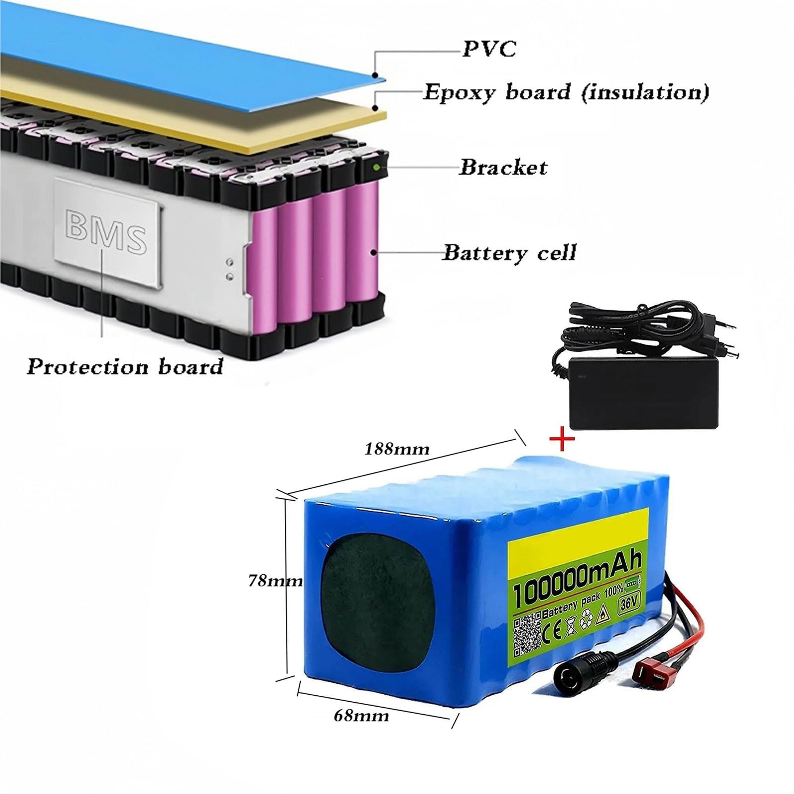 36V 100AH Batterie Vélo Lithium-ION avec Chargeur 10S4P Batterie Lithium-ION Rechargeable pour Trottinette Électrique Boîtier en PVC étanche Idéal pour Moteur 100W-900W 36V 100Ah,XT30+JST