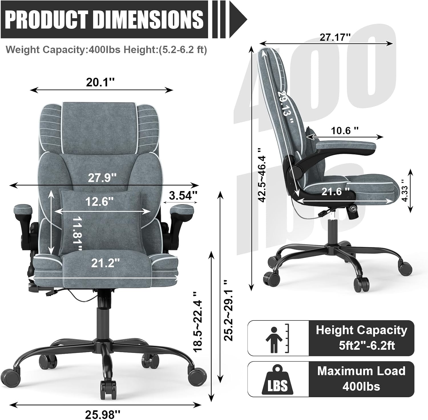 Big and Tall Office Chair with Adjustable Lumbar Support,Breathable Fabric High Back Desk Computer Chair with Adjustable Flip-up Armrests,Ergonomic Swivel PC Chair with Rocking Function