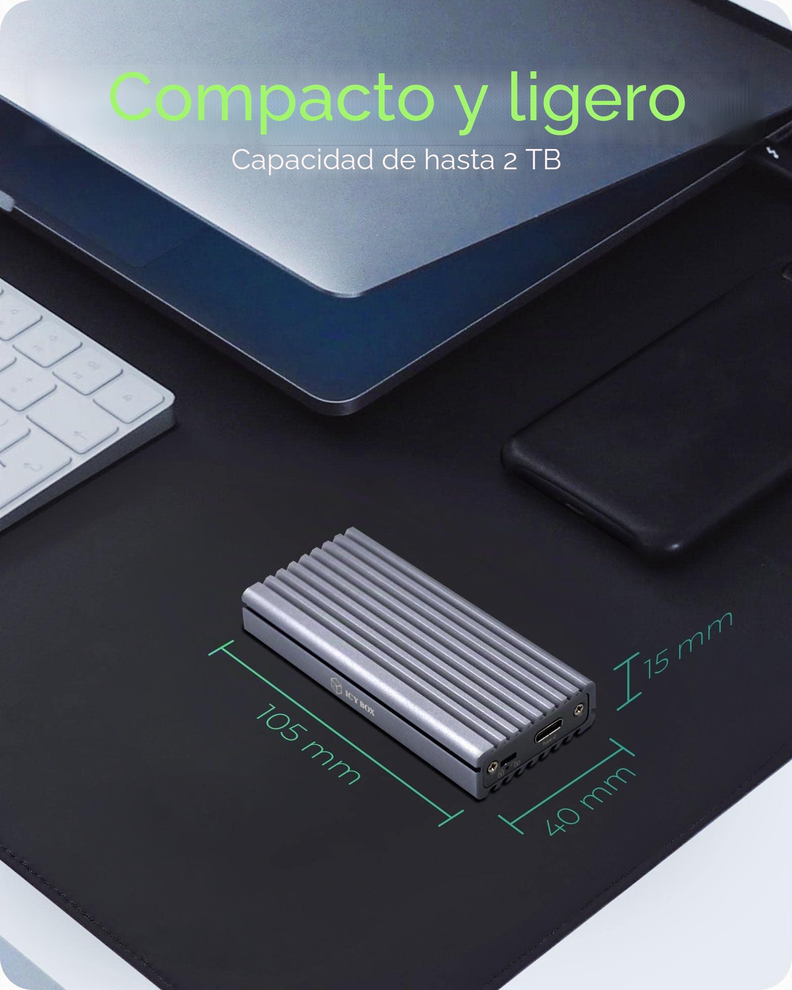 ICY BOX SSD M.2 NVMe Carcasa, USB 3.1 (Gen2, 10 Gbit/s) Sistema de refrigeración, USB-C, USB-A, PCIe M-Key, Aluminio, Gris Antracita