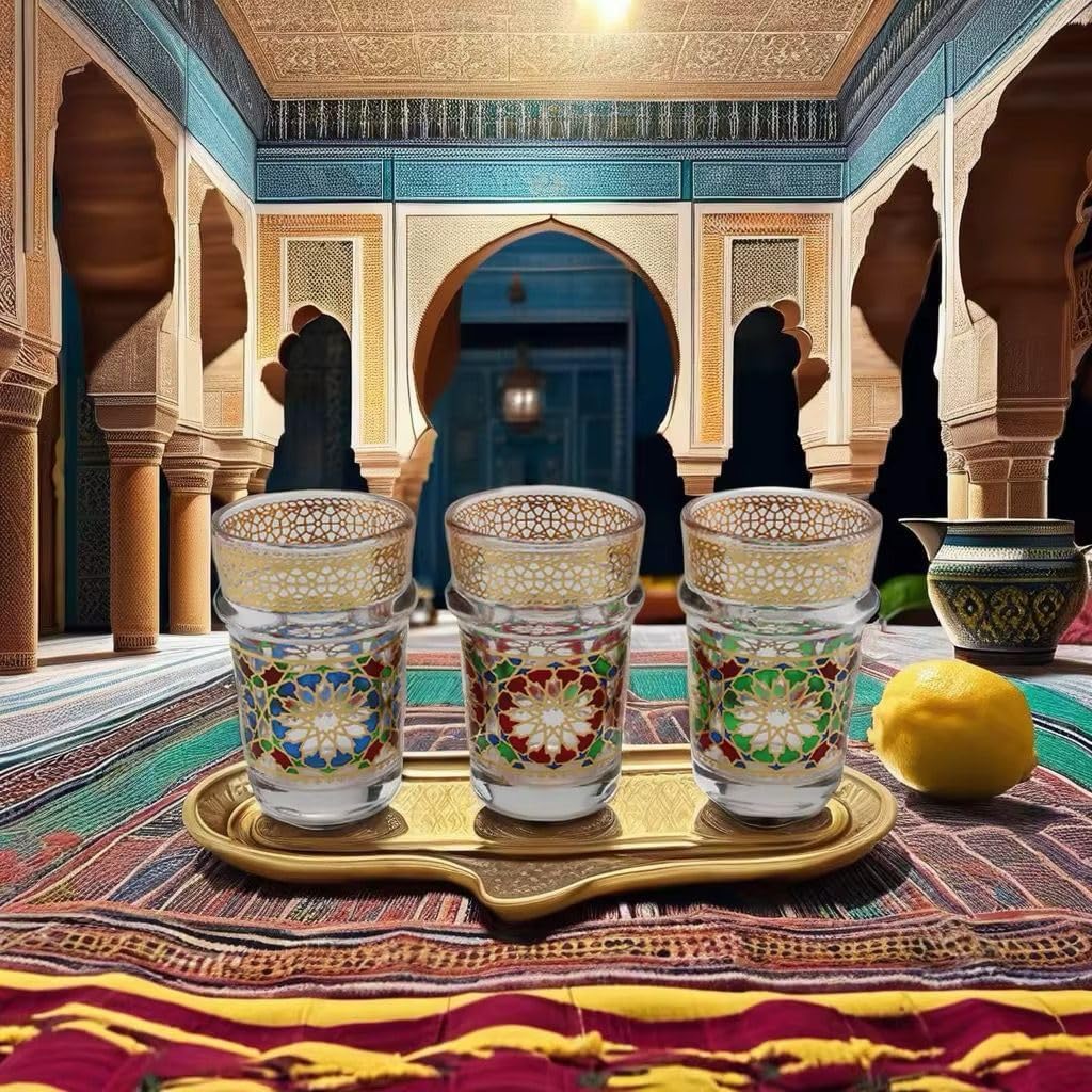Handmade Moroccan Tea Glasses Set of 12 | أكواب شاي مغربية تقليديةArab & Turkish Style Decorative Tea Cups with Gold Floral Pattern, Colorful Glassware