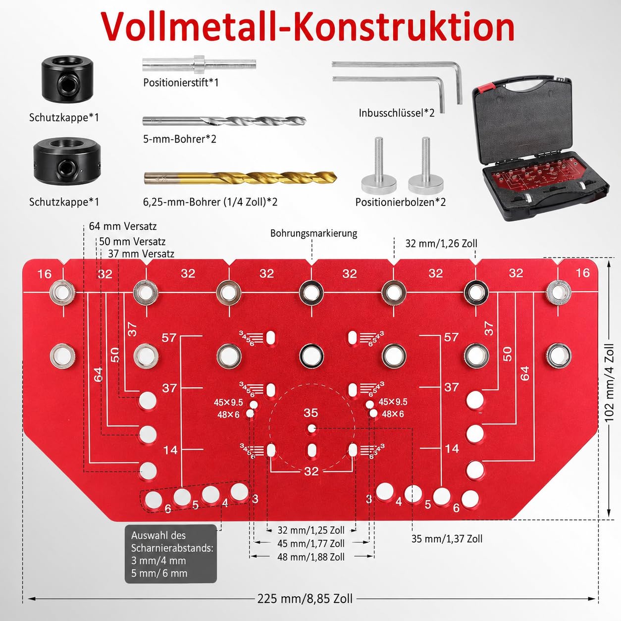 2-in-1 Topfband-Bohrschablone für 35 mm Scharniere & 32 mm Lochreihe | Möbel-Bohrlehre aus Aluminium für präzise Bohrungen an Schranktüren, Topfscharnieren, Lochreihen & Möbelmontage