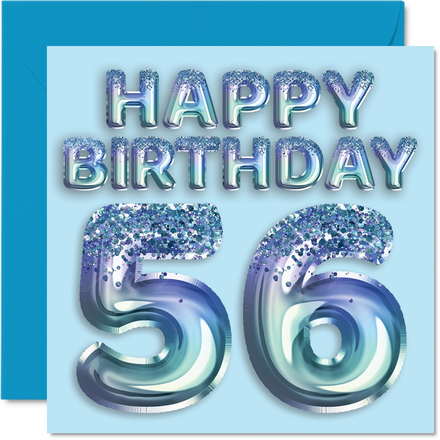 56th Birthday Card for Men - Blue Glitter Party Balloon - Happy Birthday Cards for 56 Year Old Man Uncle Grandad Dad Grandpa Gran, 145mm Bday Greeting Cards Gift