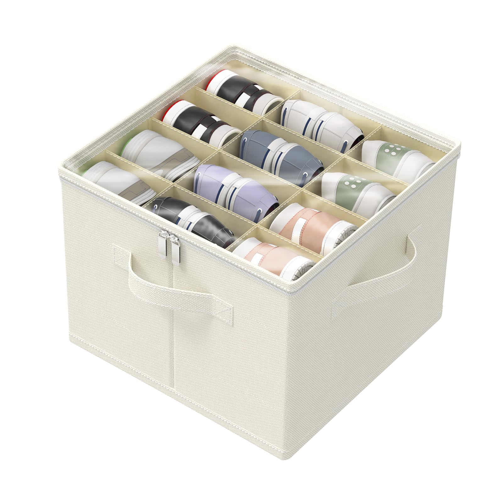 Pudełka na buty, organizer do szafy z przezroczystą pokrywą, składany stojak na buty z 3 uchwytami, pasuje do 6-12 par, 43 x 43 x 33 cm, beżowy, XSNX01BEM-1