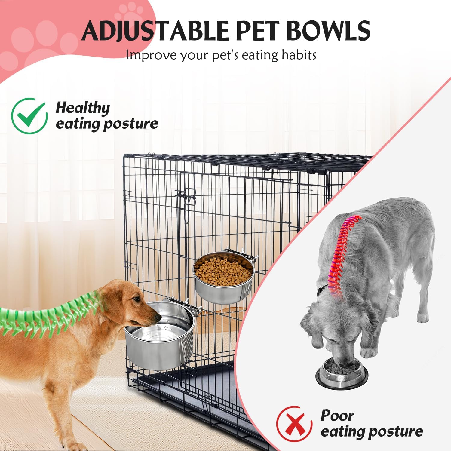 Large 2 Packs Hanging Water Bowls for Dog Crate Stainless Steel Kennel Water Bowl No Spill Adjustable Dog Water Dish for Medium Large Dogs Huge Pets (7.1 * 4.3”& 6.3 * 2.3”)