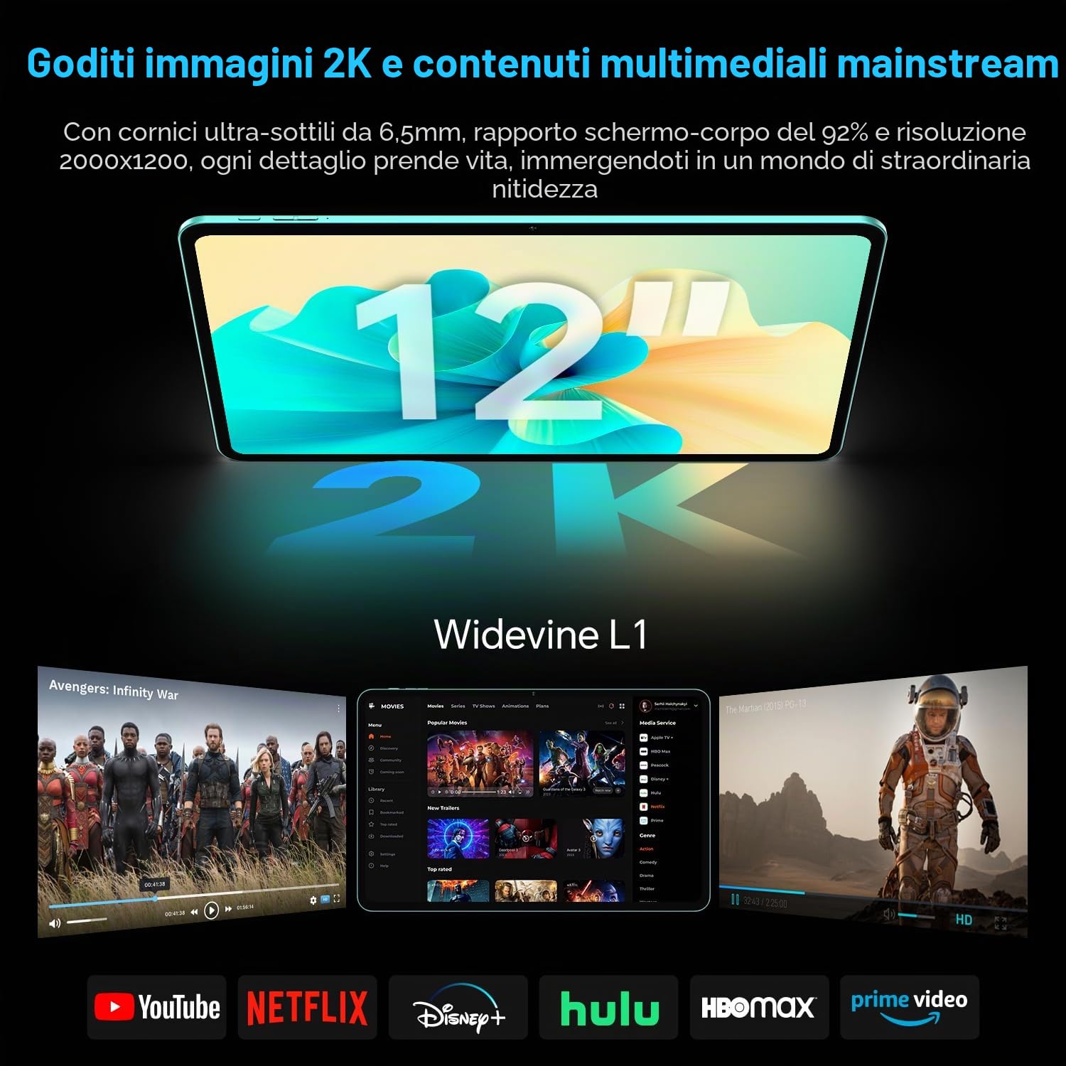 ODEA Tablet 12" Android15, 128GB IPS 2000x1200, 8000mAh 8+13MP con Custodia | con Penna, Gemini AI, TF 5TB, 2GHz Octa-Core, Widevine L1, 5G WiFi, GPS, BT5, OTG, 3.5mm Jack