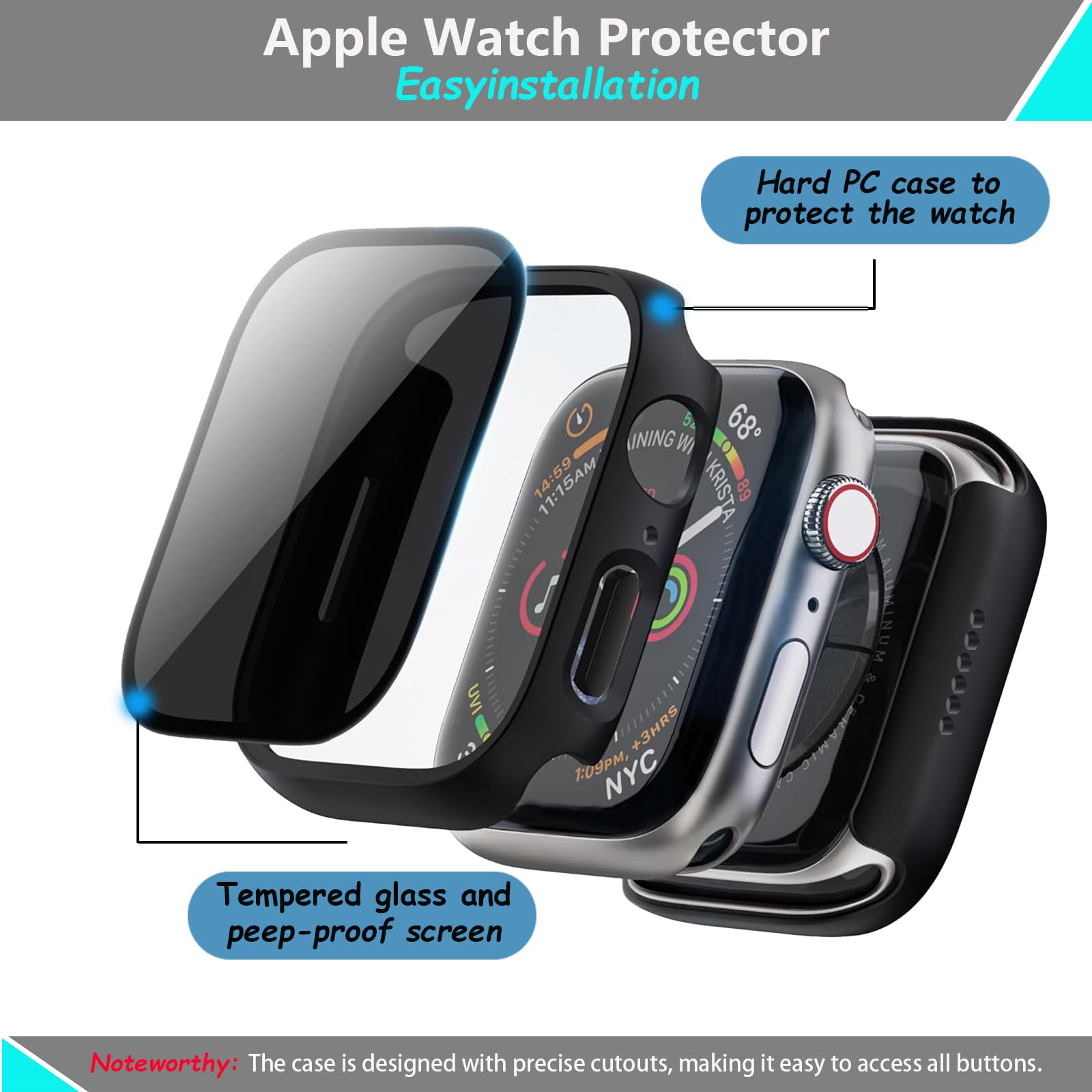 AOKUTDA - Confezione da 3 custodie rigide in policarbonato per Apple Watch Serie 9/8/7, 45 mm, protezione schermo in vetro temperato anti spia a 30°, ultra sottile, copertura completa per accessori