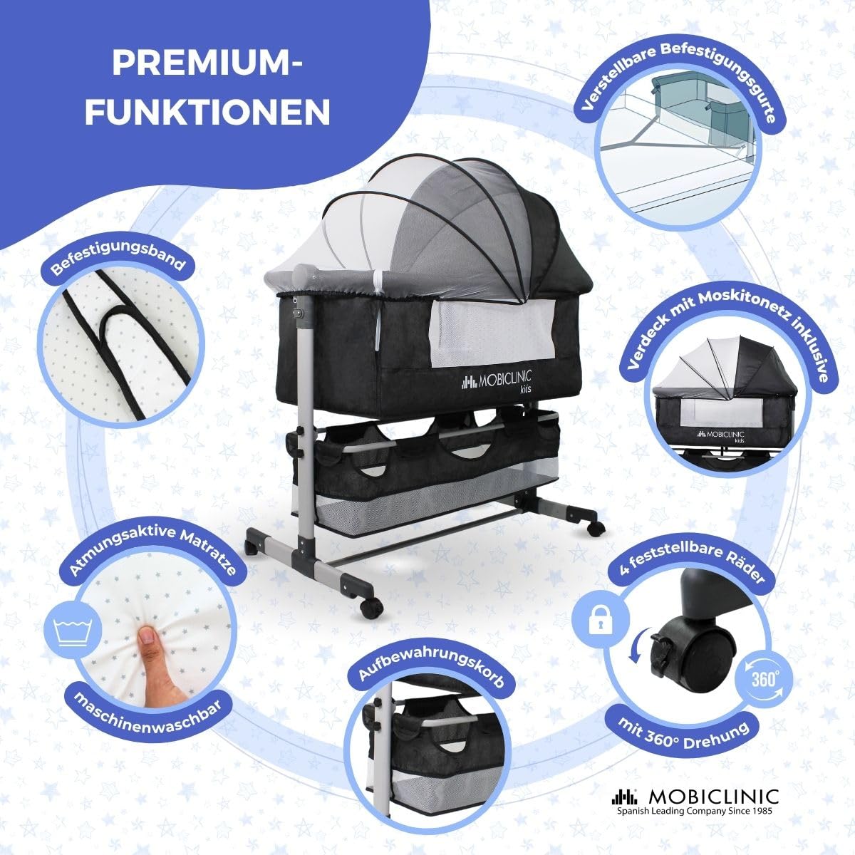 Mobiclinic®, 3-in-1-Babybett, Night, Beistellbett, Höhenverstellbar, Matratze, Moskitonetz, 360°-Rollen, Gurte, Aufbewahrungskorb, Bis 20 kg, Schwarz
