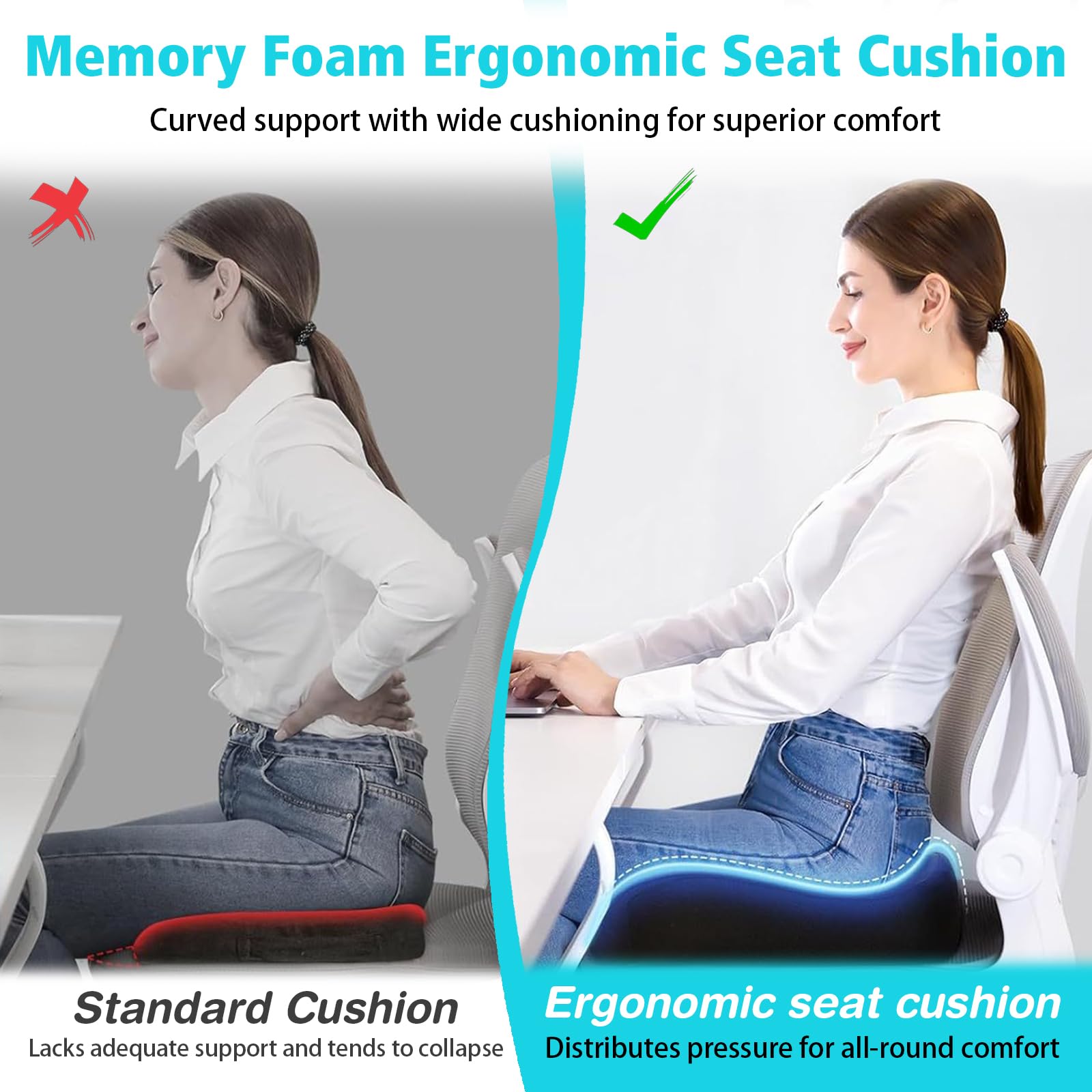 Cuscino per coccige in memory foam, per auto e ufficio, sollievo dalla pressione per sciatica e mal di schiena, con intaglio a forma di U, base antiscivolo per lunghi viaggi e seduti