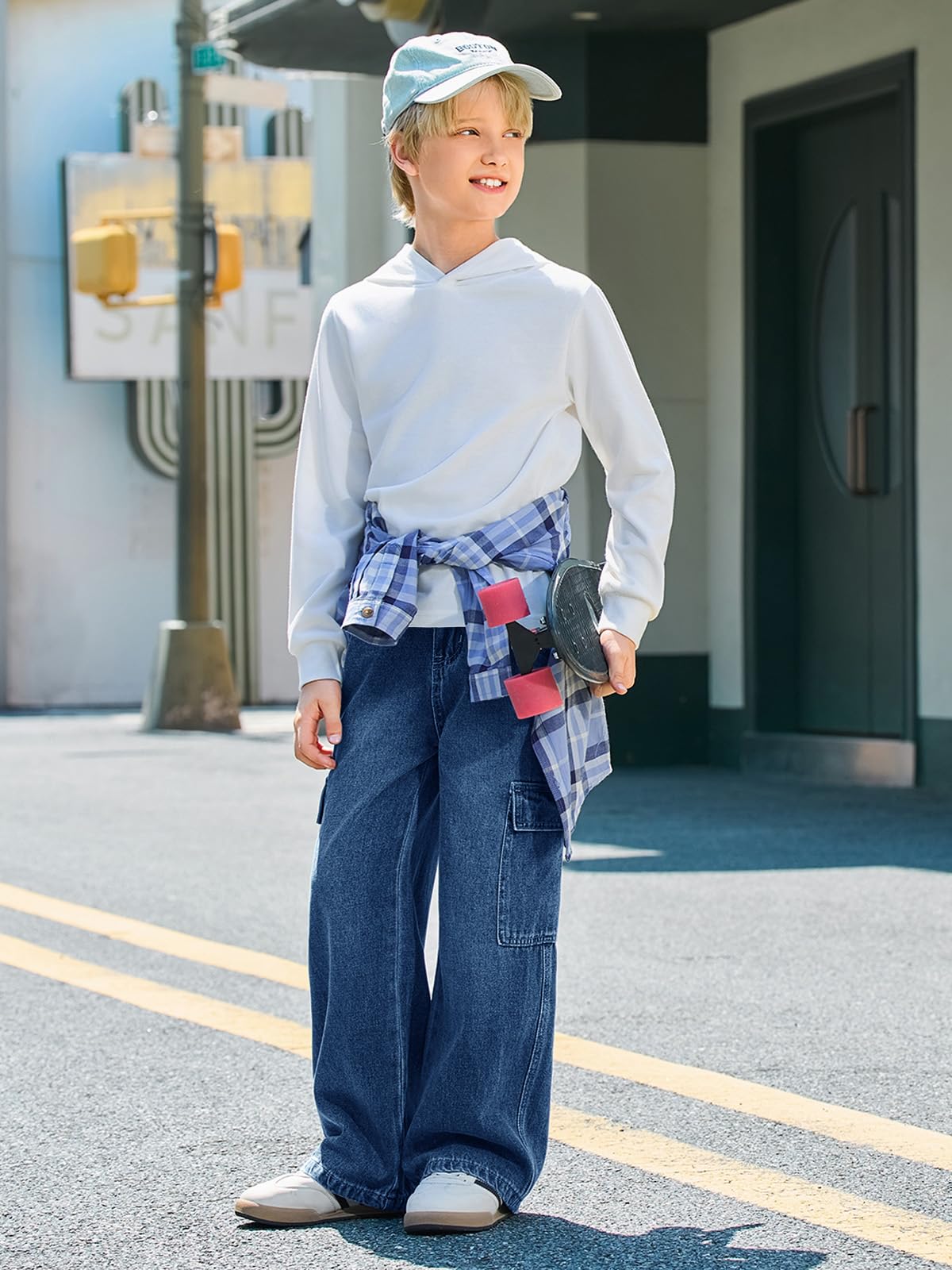Haloumoning Jeans cargo per bambini larghi con elastico in vita pantaloni in denim a gamba larga con tasche 5-14 anni