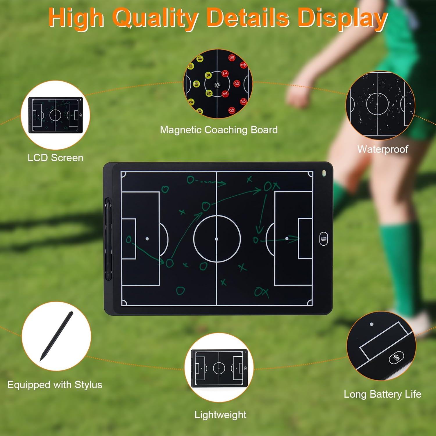 Magnetic Electronic Soccer Coach Board, 15 inch LCD Football Lineup Board Set with Stylus Pen, Dry Erase Markers and Carry Bag, for Soccer Game,Training,Teaching