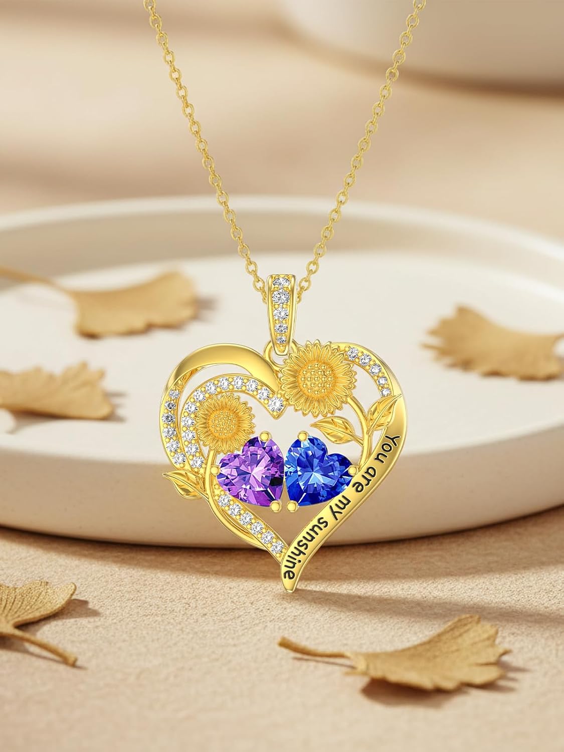 Double Birthstone Necklace 14K Gold Plated You Are My Sunshine Sunflower Necklace Heart Pendant Jewelry Mother's Day Birthday Gift for Wife Grandma Her Mom