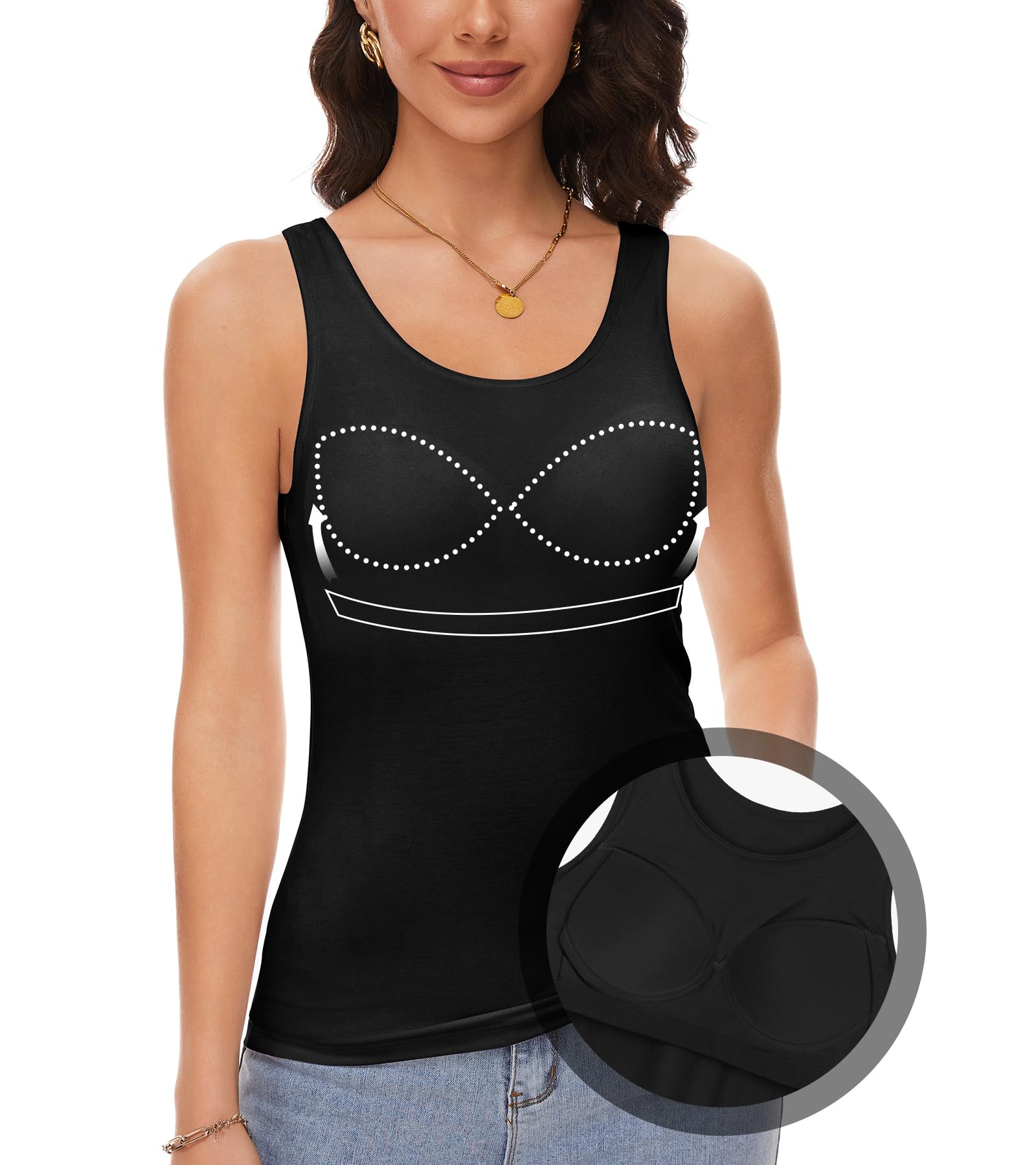ANYFITTING Damen Unterhemd mit Integriertem BH Tank Top ärmellose Shirts Basic U-Ausschnitt Eingebauter BH Bügelloser Gepolstert Tank Tops Sommer Yoga S-3XL