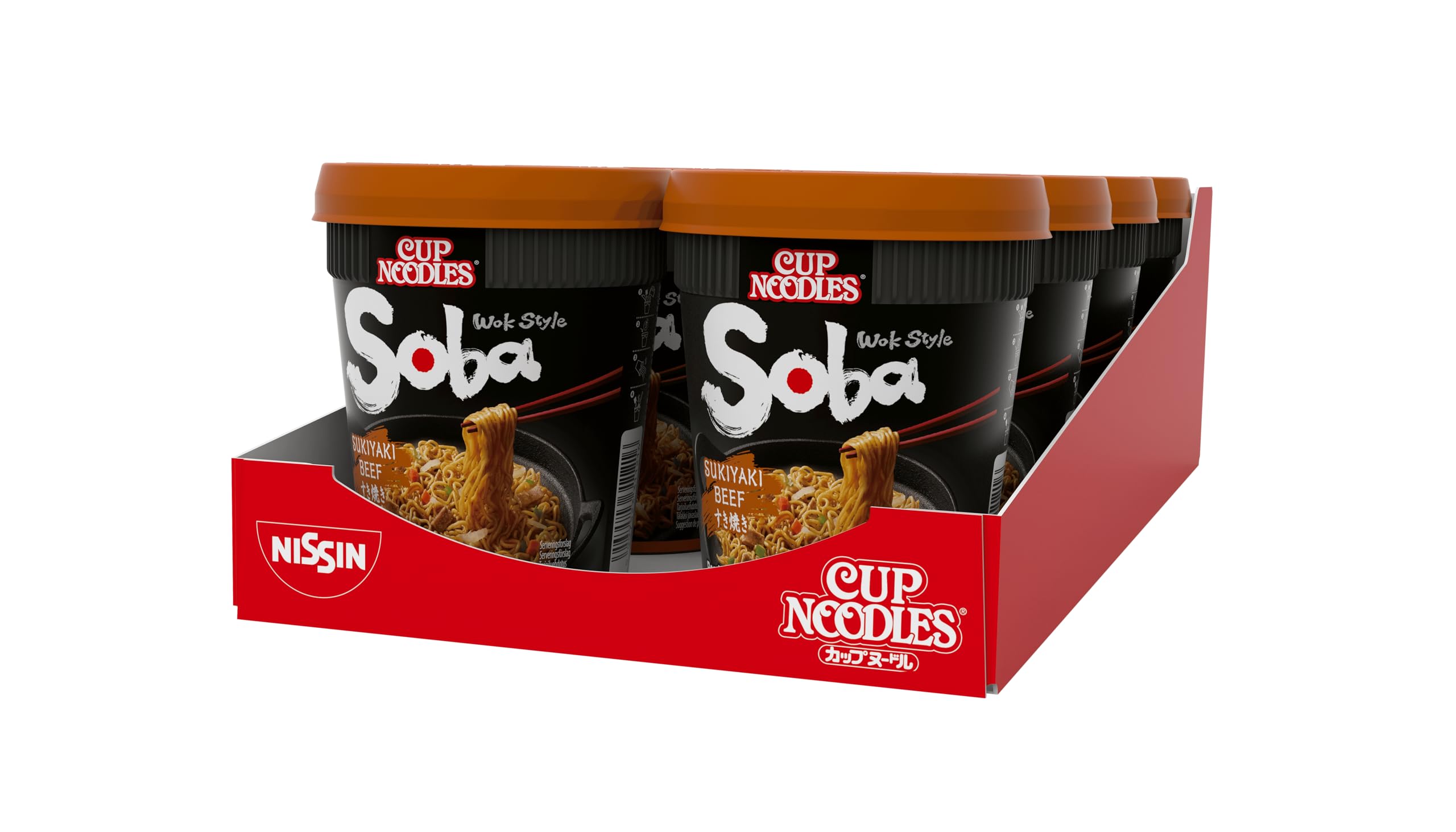 Nissin Cup Noodles Soba Cup – Sukiyaki Beef, 8er Pack, Wok Style Instant-Nudeln japanischer Art, mit Würzsauce, Rind & Gemüse, schnell im Becher zubereitet, asiatisches Essen (8 x 89 g)