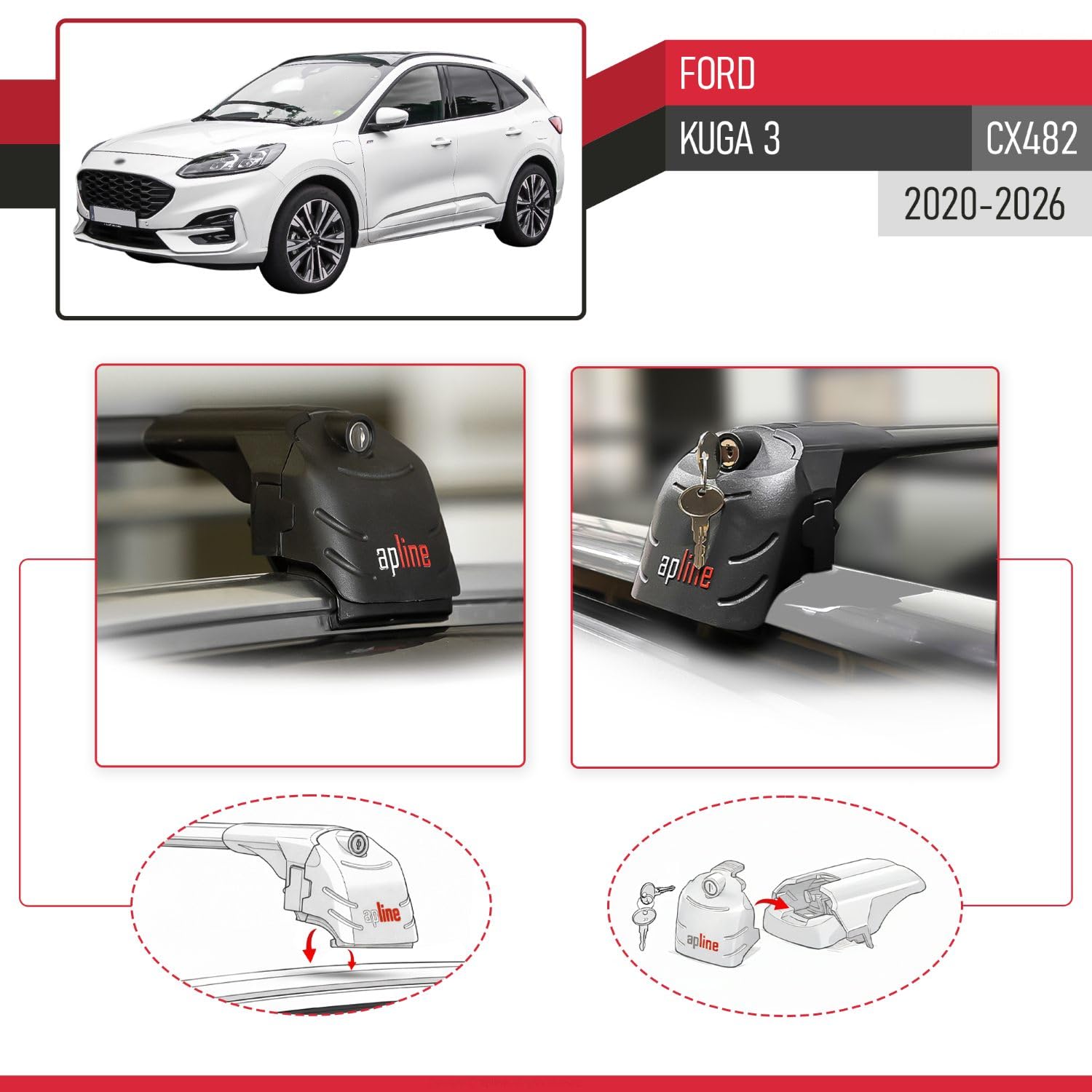 Compatibile con Ford Kuga 3 (CX482) 2020-2025 Ace-2 Barre Tetto Portapacchi Auto Barre Portatutto Nero Alluminio 2 Barre