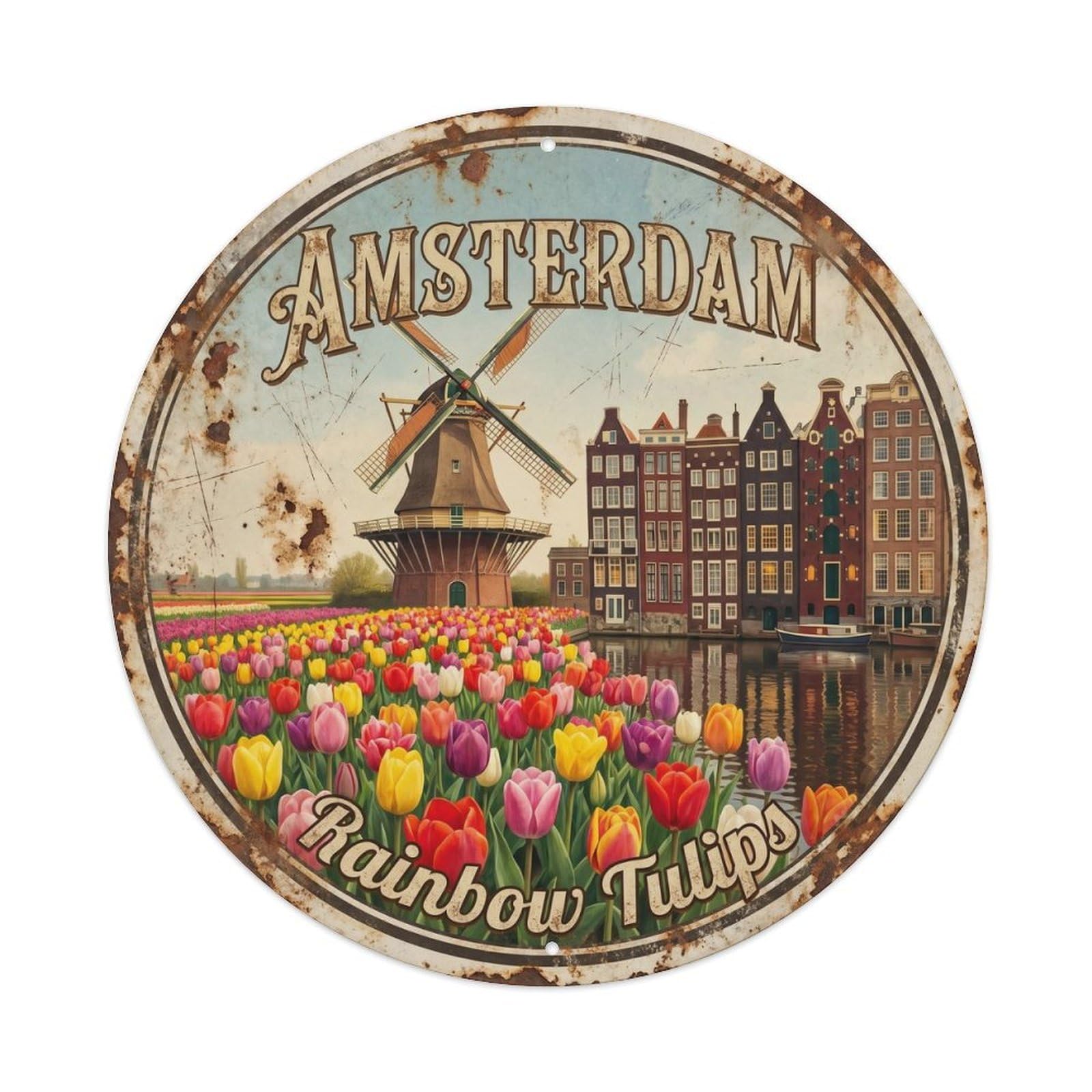 Vintage Travel Amsterdam Multicolor Tulips Metal Tin Sign Plaque