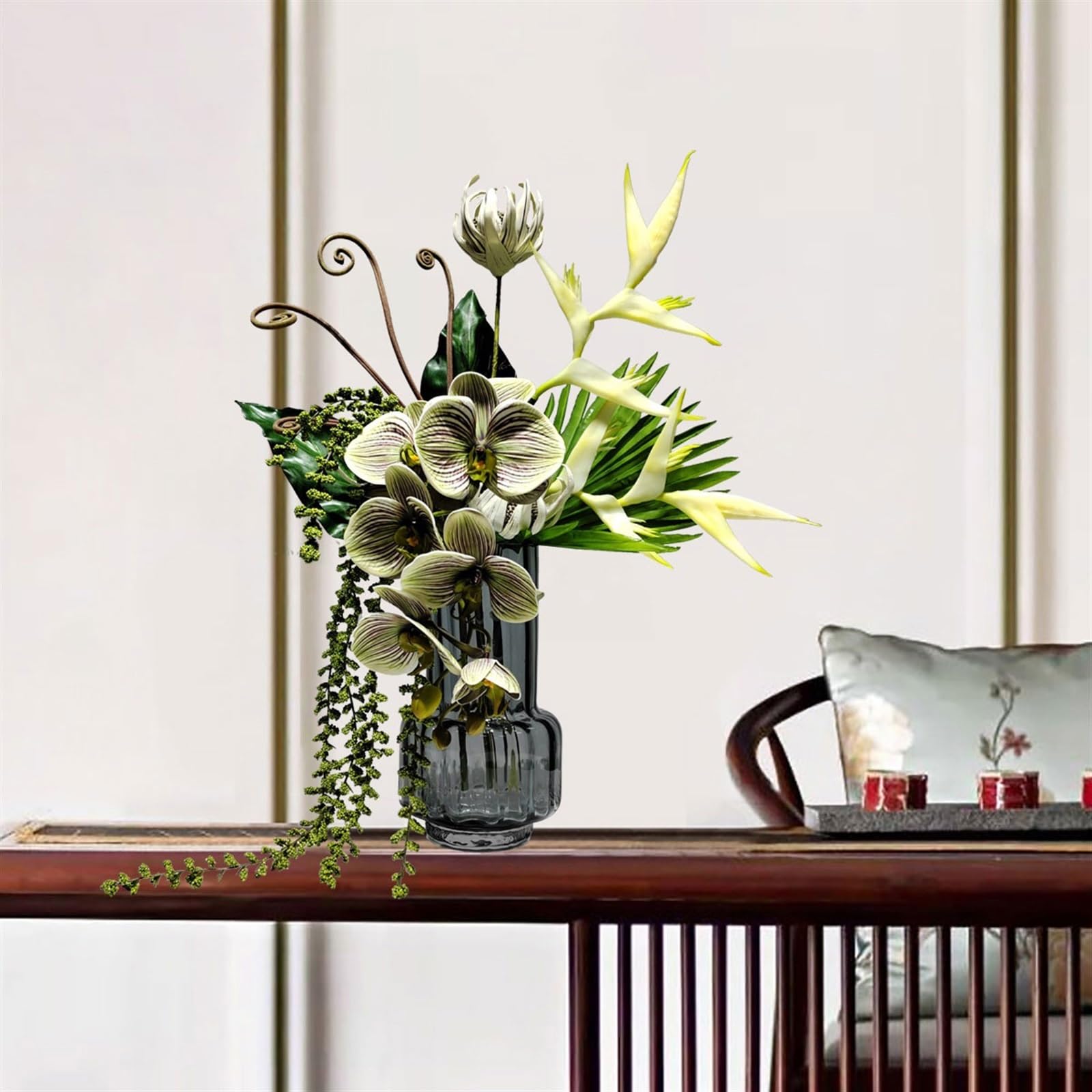 Fiori Artificiali Simulazione Disposizione del Verde Soggiorno Tavolo da Pranzo Tavolino Centrotavola Vaso di Vetro con Bouquet di Fiori Artificiali di Lusso Leggero Fiore Finto