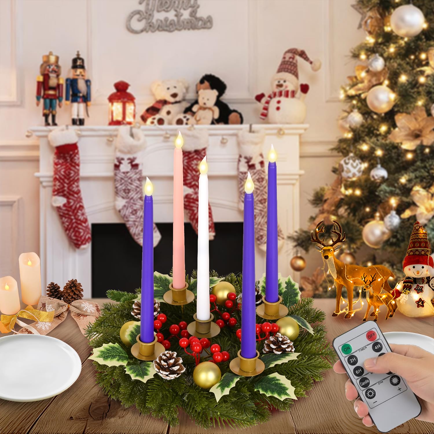 Waipfaru Lot de 6 couronnes de l'Avent avec 5 bougies artificielles sans flamme, couronne de l'Avent de 30,5 cm et ensemble de bougies, décorations de table pour table, intérieur, maison, église