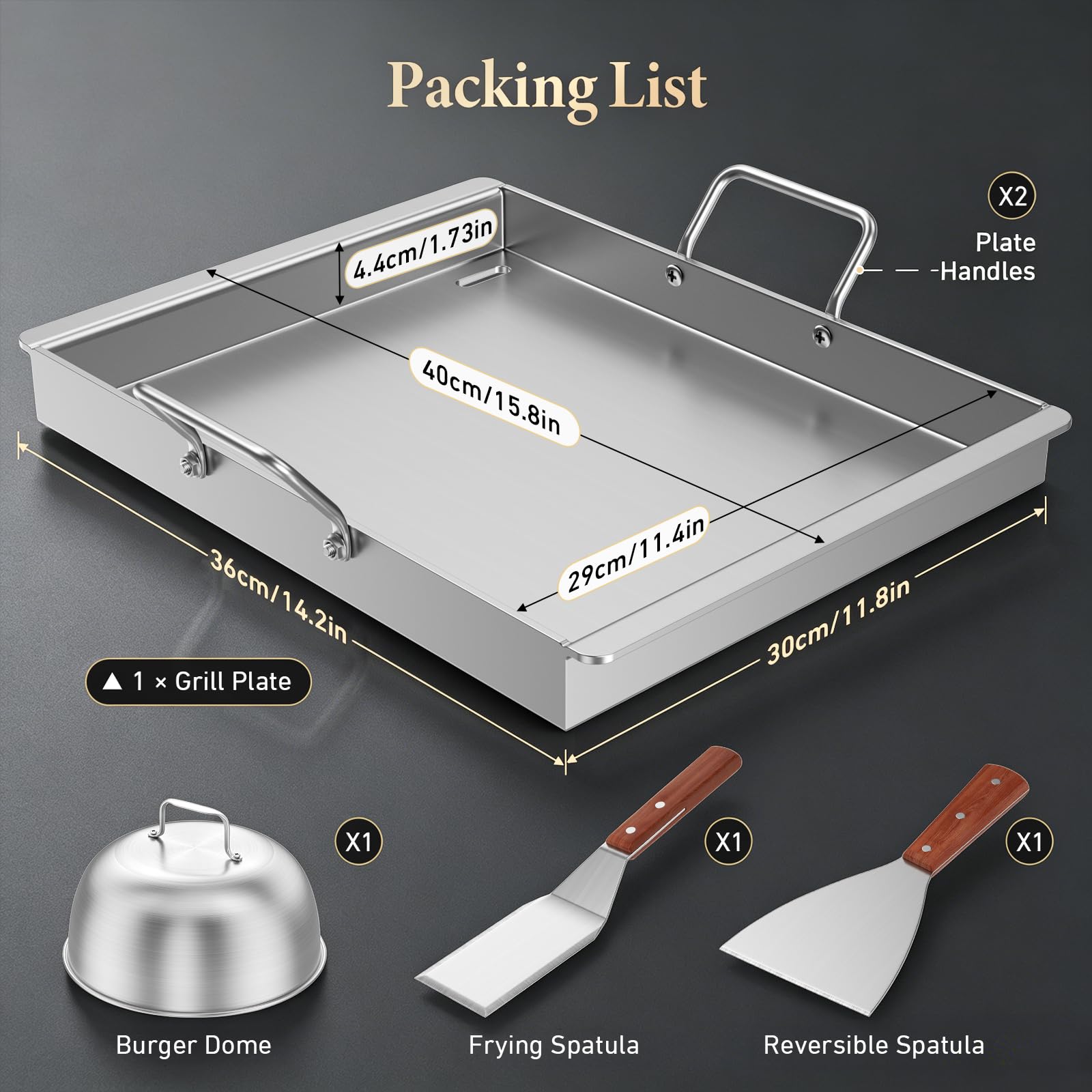 Plancha de acero inoxidable, 54 x 41 cm, placa gruesa de 2 mm, con juego de espátulas incluidas, plancha de gas para barbacoa de gas y barbacoa de carbón