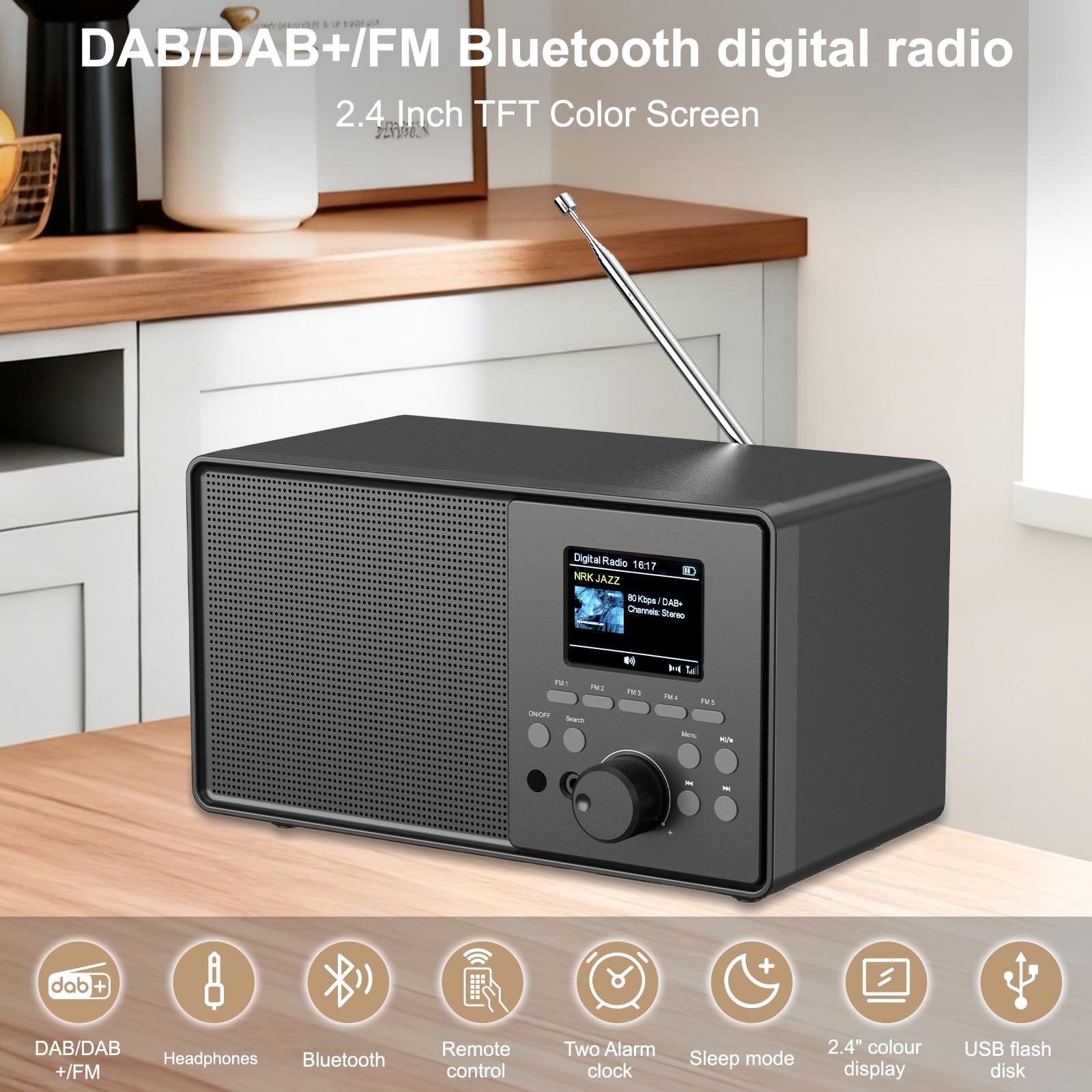 Radio Numérique Dab/Dab+ FM, Radio Nostalgie Retro avec Écran Couleur 2,4, Bluetooth, USB/AUX, Télécommande, Radio Cuisine Réveil Double Réveil, Minuterie Veille, 60 Mémoires Stations (Noir)