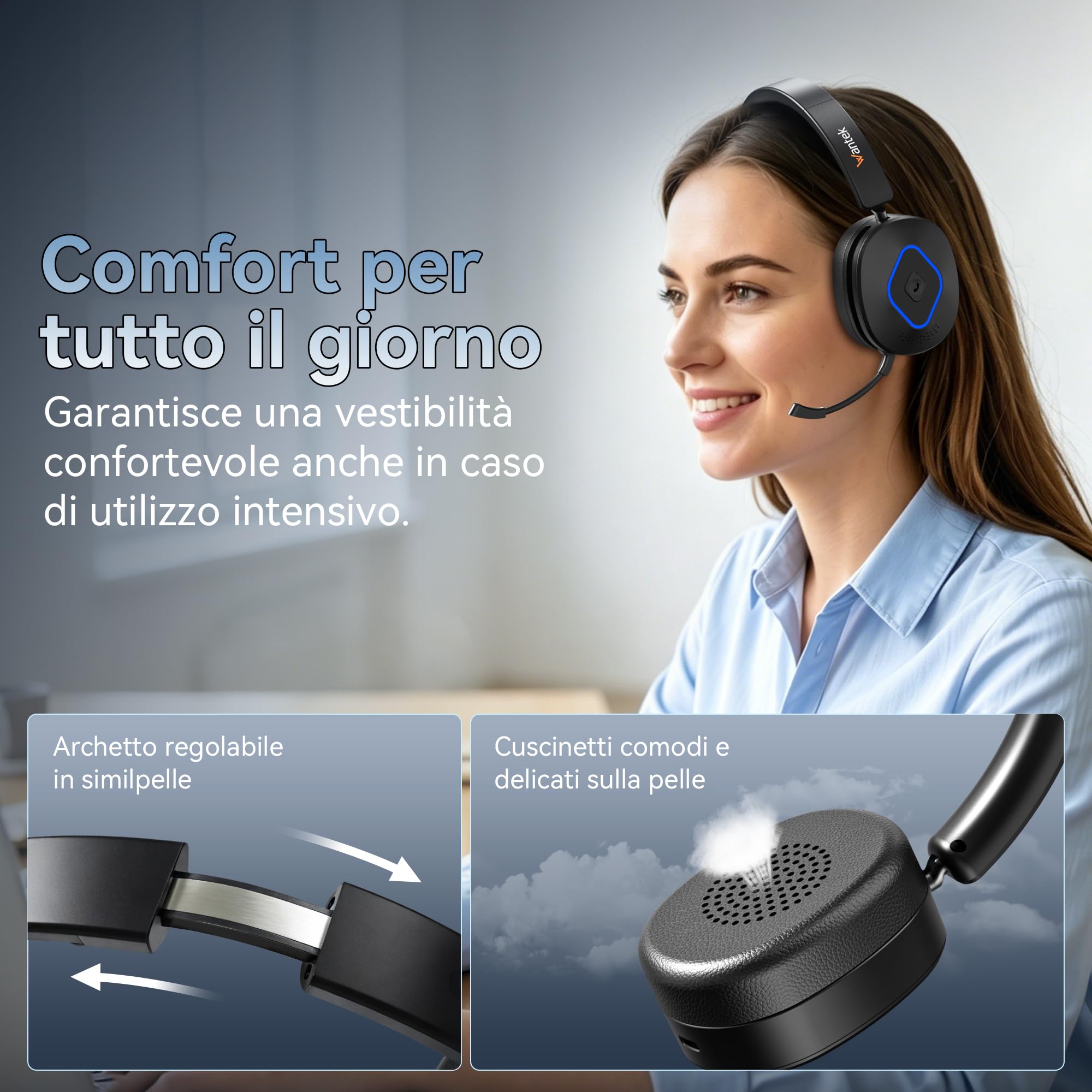 Wantek Cuffie Bluetooth con Microfono, Base di Ricarica e Dongle USB, Bluetooth 6.0, Riduzione del Rumore Microfono, Connessione Multipoint, per PC, Laptop, Teams, Zoom e Ufficio, call center