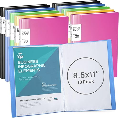 Paquete de 10 carpetas con fundas de plástico grandes de 8.5 x 11 pulgadas, libro de presentación de 30 bolsillos con protectores de hojas