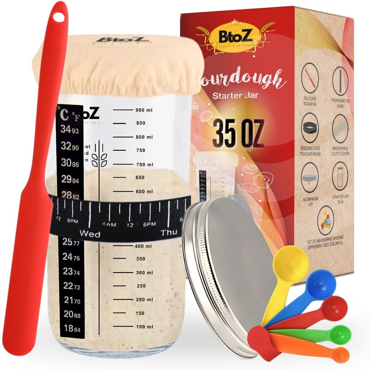 Sourdough Starter Kit for Bread Baking - Sourdough Bread Accessories Included 35 oz Large Capacity - Wide Mouth Glass Jar - Gluten Free Sourdough Starter Kit for Beginners and Pros