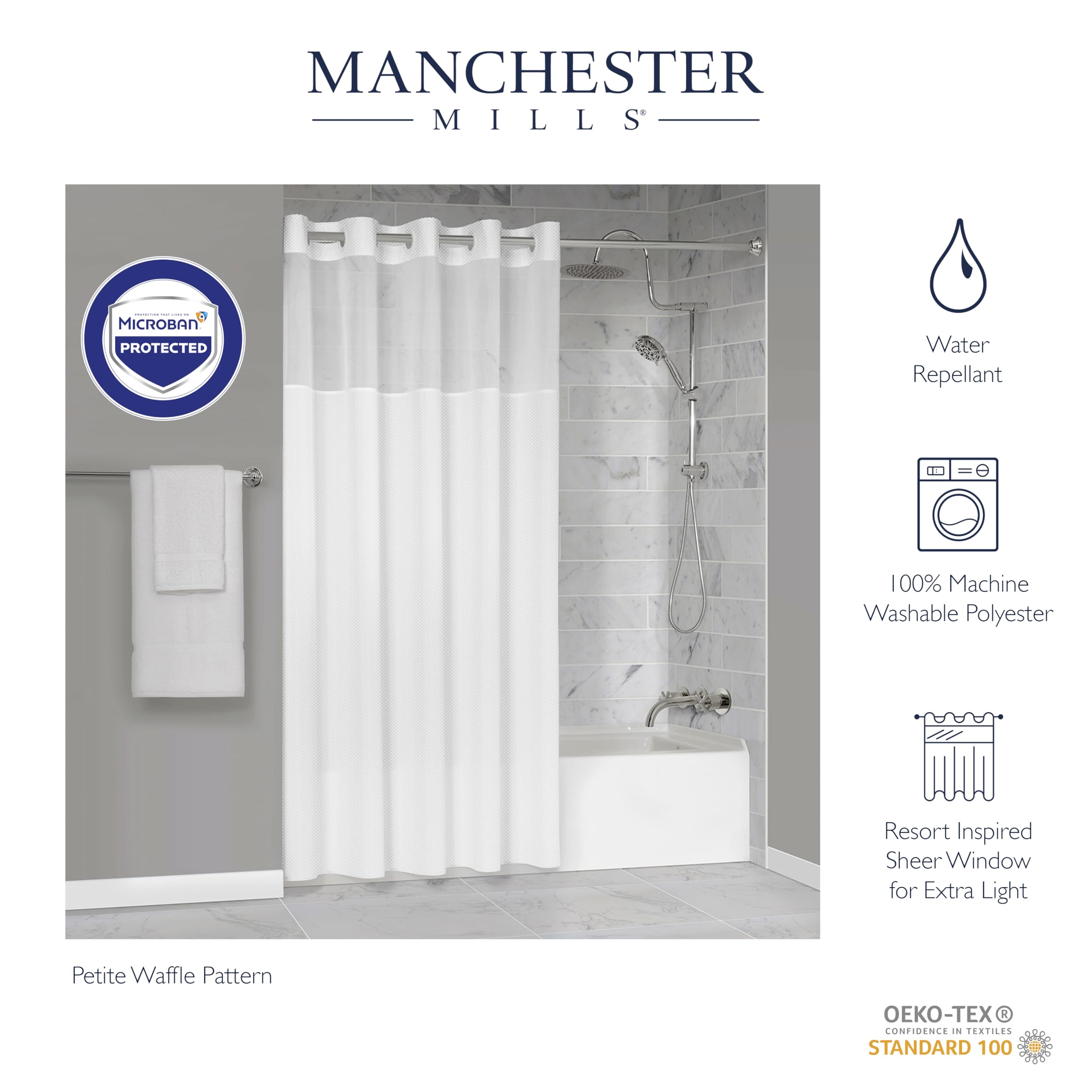 Manchester Mills Protect360 - Cortina de ducha sin gancho de gofre, protección de producto Microban, repelente al agua, forro a presión, dobladillo con imanes, 71 x 54 pulgadas, blanco, se encuentra