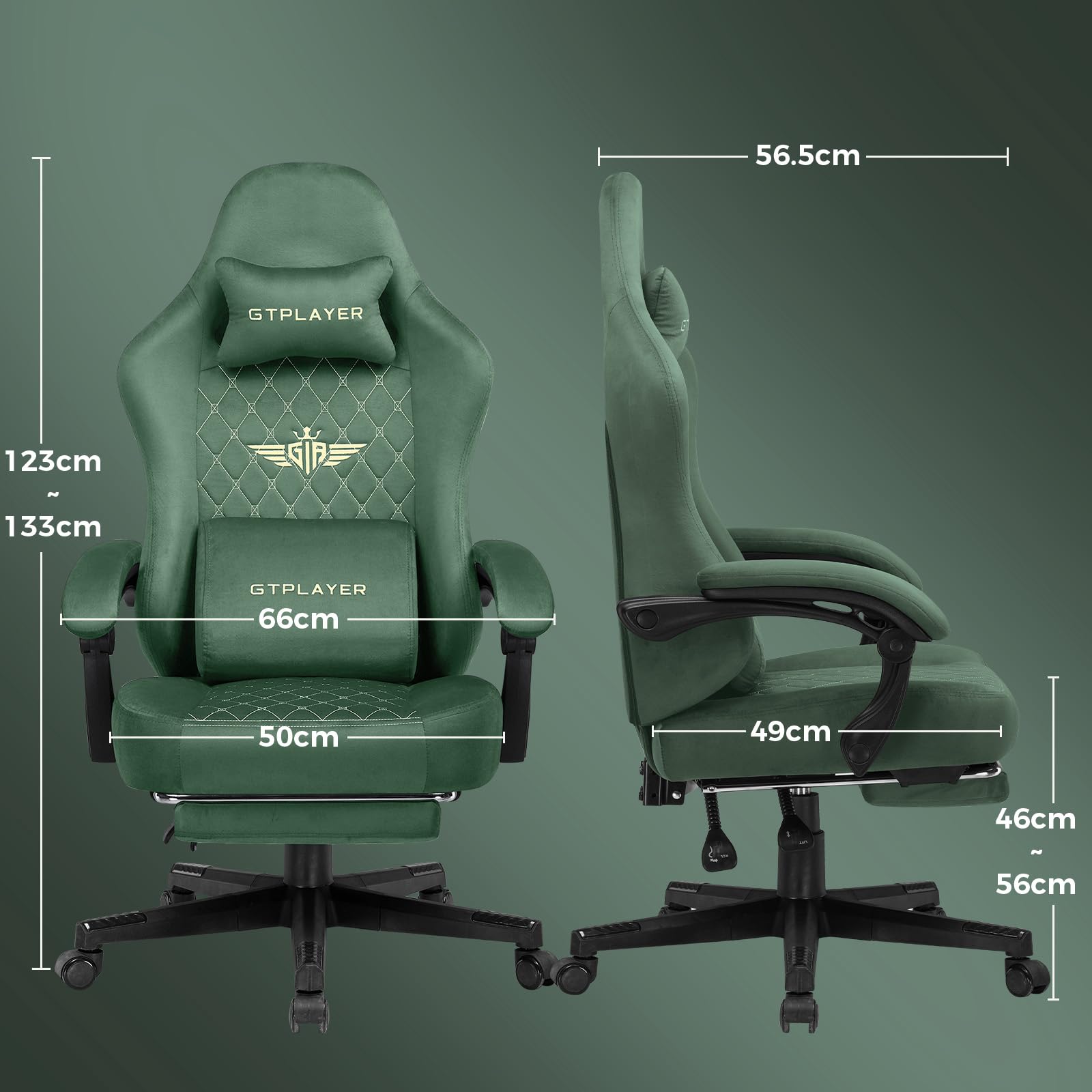 GTPLAYER Sedia Gaming Poltrona Gaming Tessuto Sedia Gamer Ergonomica Ufficio Sedia PC 150 kg Sedia da tavolo regolabile e girevole con Cuscino di seduta a Molle e Poggiapiedi, Verde