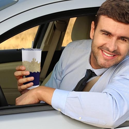 Miniatura 6 de ALLMIX SPOROT Vaso moderno de acero inoxidable con purpurina azul marino blanco y dorado de 20 onzas con tapa y pajilla vaso de café aislado para
