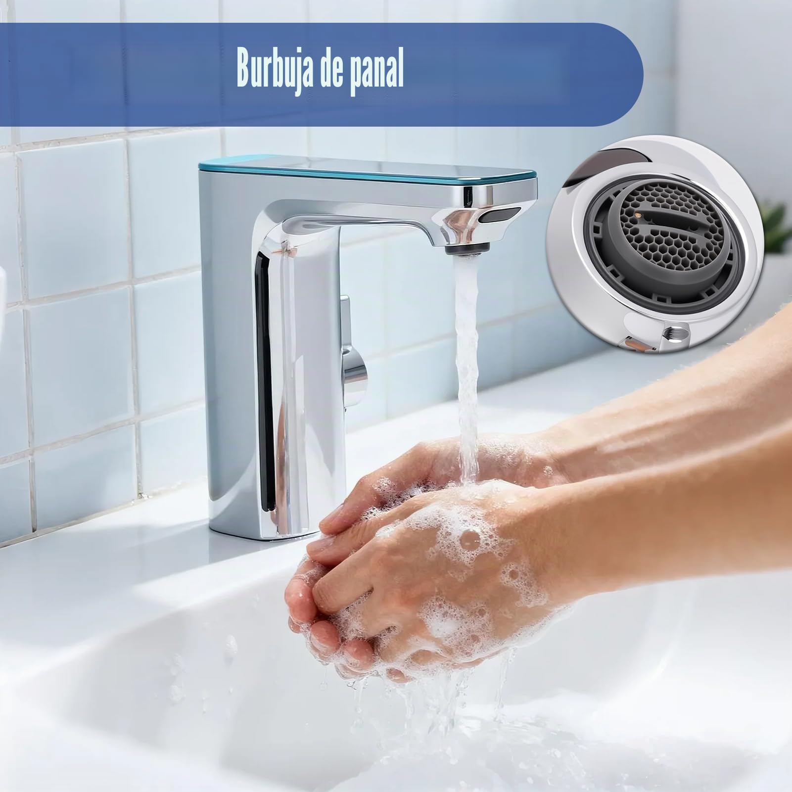 Gugxiom Grifo de Baño sin Contacto, Grifo de Lavabo de Baño con Sensor Automático LED Manos Libres, Núcleo de Válvula de Cerámica, para Baños Cocinas Aseos