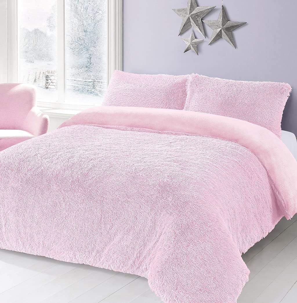 LIZZIE JACOBS Cuddles Fluffy Fur Fleece Luxurious Hug Snug Duvet Cover Sets Super Soft Warm Cosy Snuggle Long Pile Fleece Quilt Cover Sets Reversible Bedding Sets (Pink, Single)