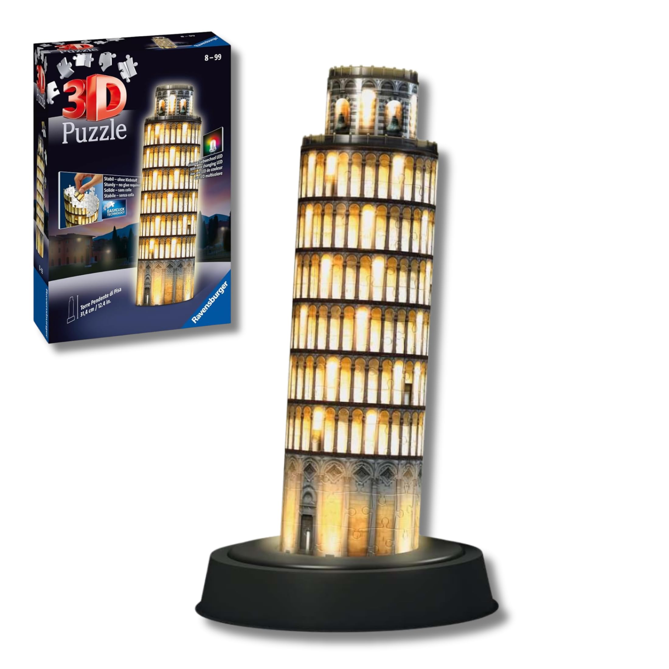 Ravensburger - Puzzle 3D Torre Di Pisa Notturna LED, 221 Pezzi