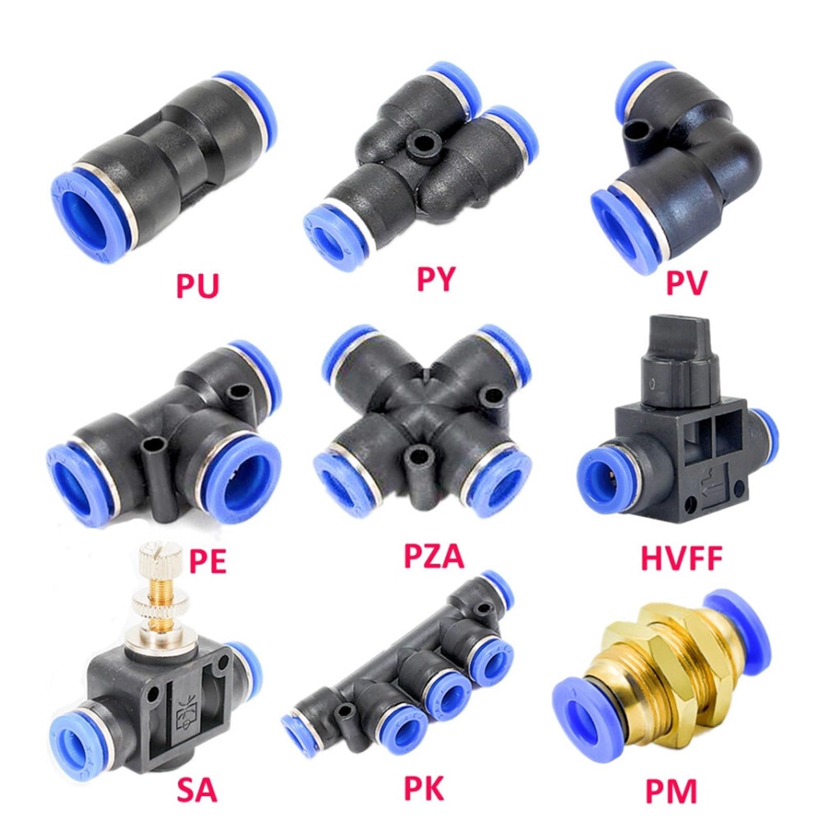 Raccordo pneumatico connettore per tubo aria raccordi rapidi per tubo flessibile a pressione acqua 10 mm PU PY PK PE PV SA (PP (blu, 10 pezzi)
