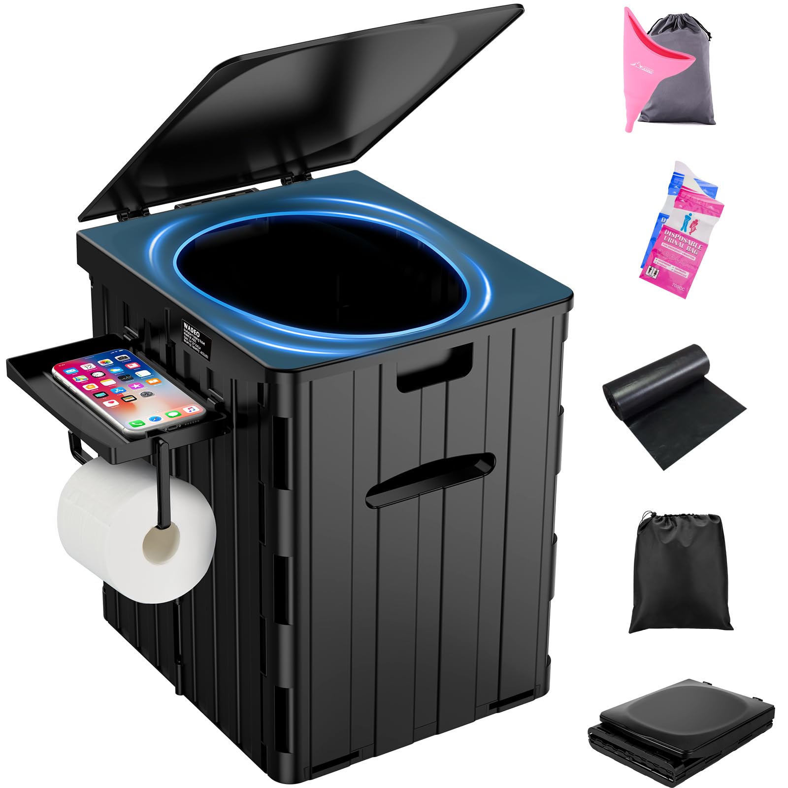 WADEO Tragbare Campingtoilette 38L, Stabile Falttoilette mit Tragkraft bis zu 200kg, Mobiltoilette Falttöpchen mit abnehmbarem Papier- und Telefonhalter, Toilettenbeuteln und Uriniergerät für Frauen