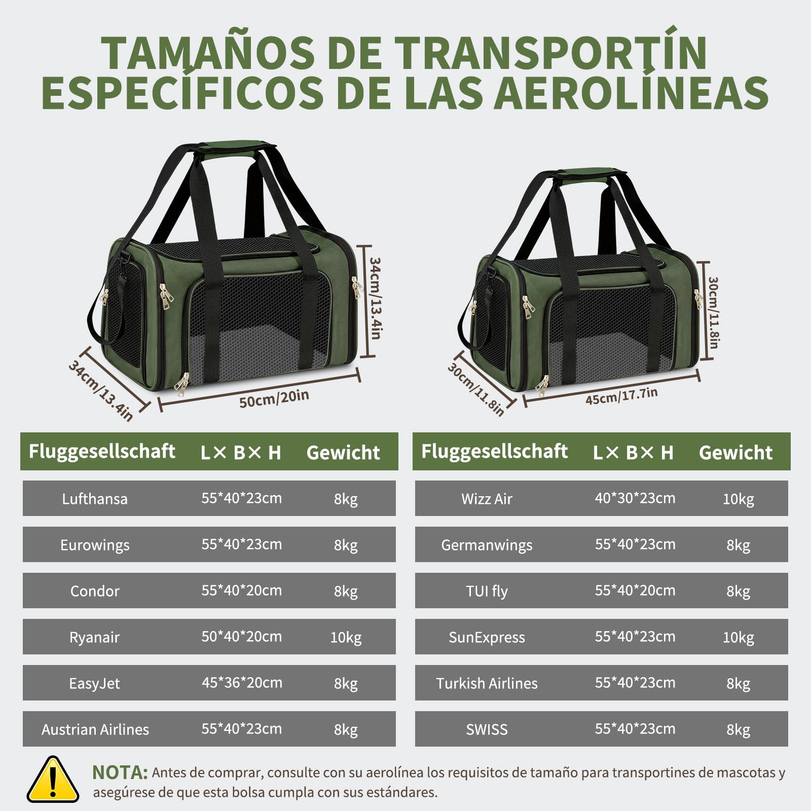 Transportin para Gatos, Transportin para Perros Bolsa, Bolsa Transpirable para Mascotas, Correa Ajustable, Colchon Suave, Soporta 8 kg, para Gatos y Cachorros (Verde, L 43 x A 28 x H 28 cm)