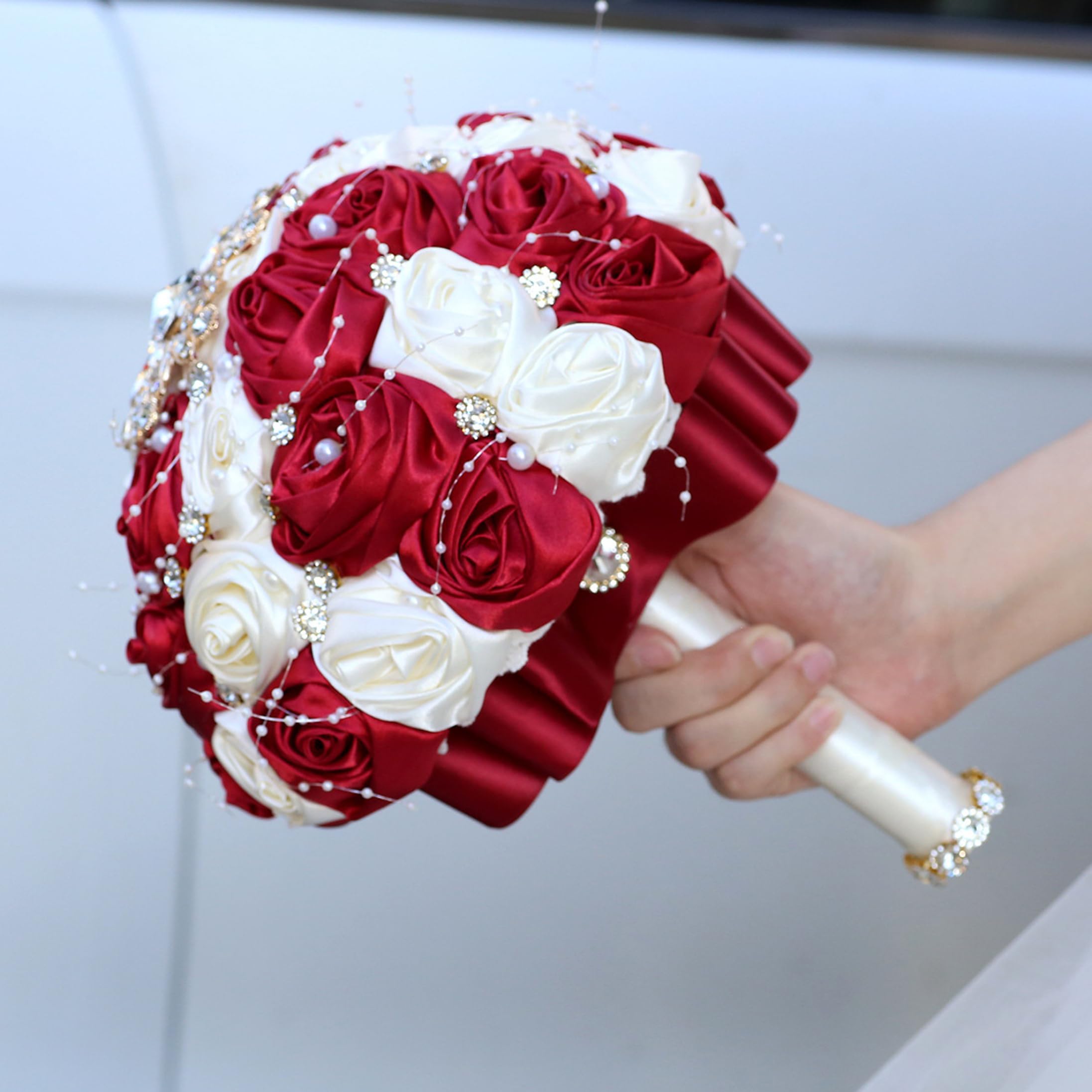 Fiori artificiali, bouquet da sposa, lussuoso bouquet da sposa con nastro rosa con strass e perle per la e la damigella d'onore, 9x10 pollici
