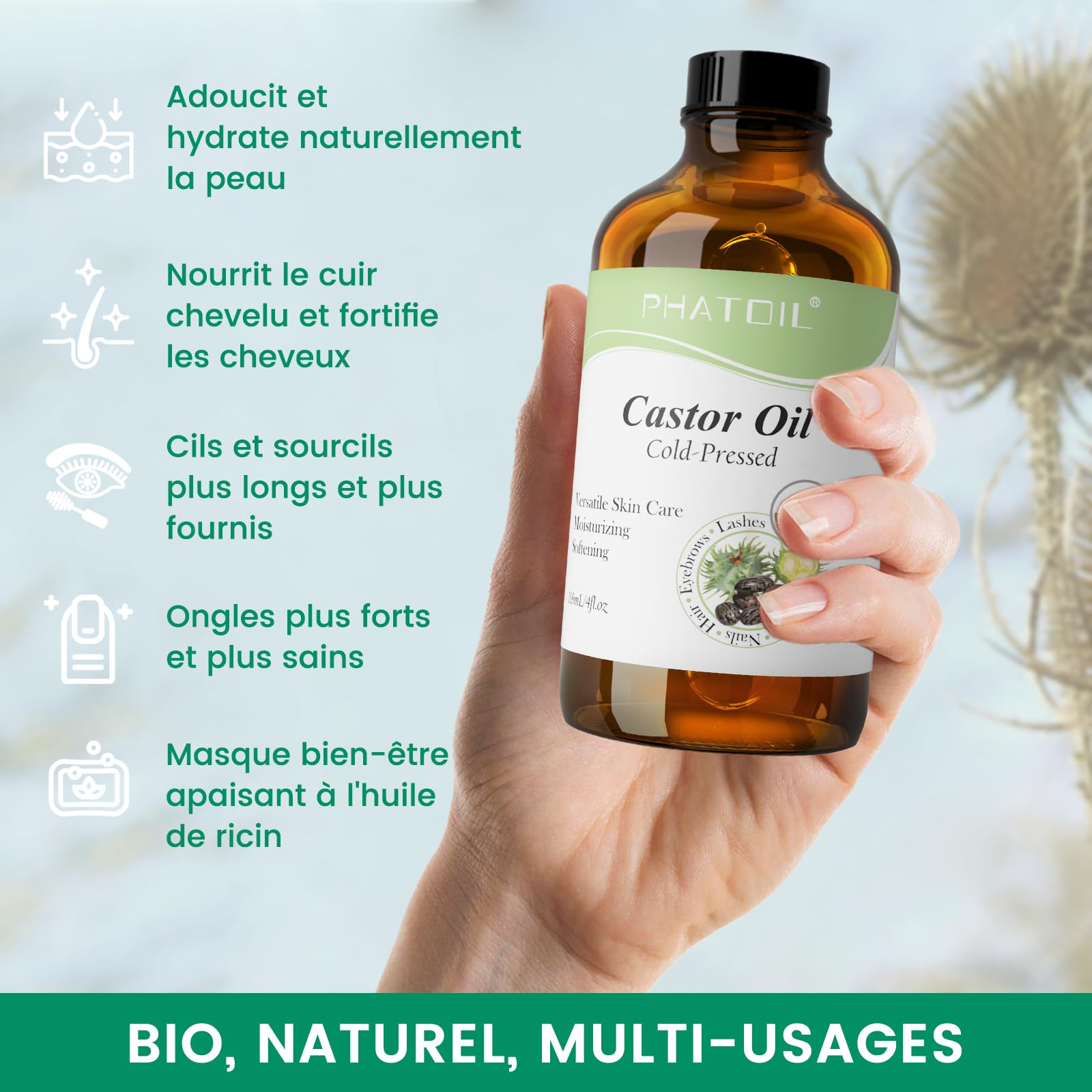 PHATOIL Huile de Ricin Bio 118ML - Organic Castor Oil 100% Naturelle Pure - Pressée à Froid - Huile Pour Cheveux, Cils, Sourcils, Peau, Ongles, Barbe, Pipettes + Brosse à Sourcils + Brosse à Cils