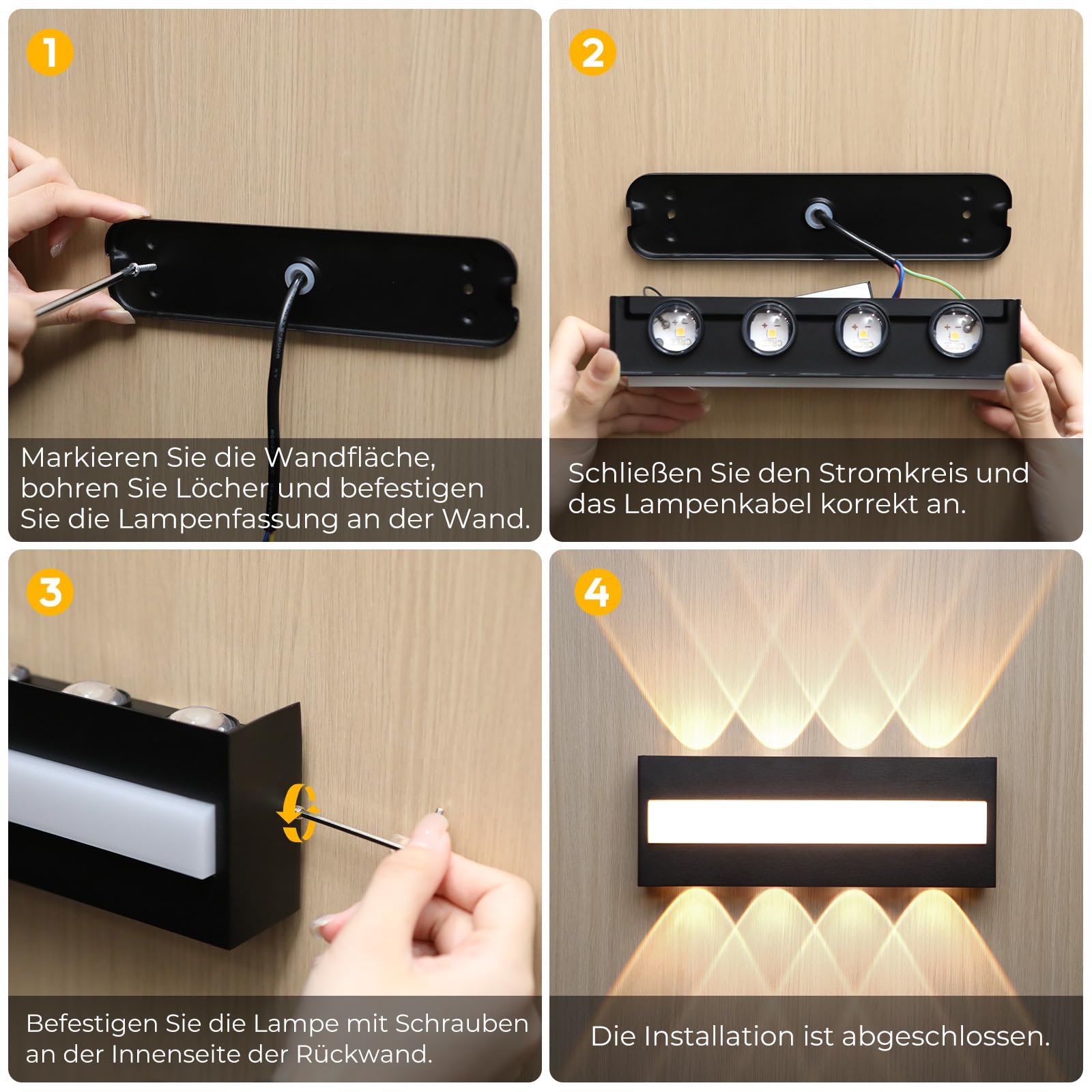 LED Wandleuchte Innen IP65, 3000K Wandlampe mit 8 Lichtquellen Up Down, 12W (1200lm) LED Lampe aus Aluminium Für Wohnzimmer, Schlafzimmer, Flur, Treppenhaus, Warmweiß