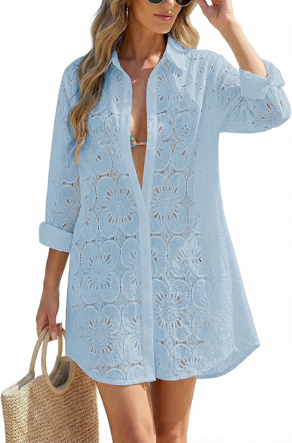 CiCiBird Women Swimsuit Coverup Blouse Eyelet Bathing Suit Cover Up Button Down Shirtdress Long Sleeve Beach Dresses